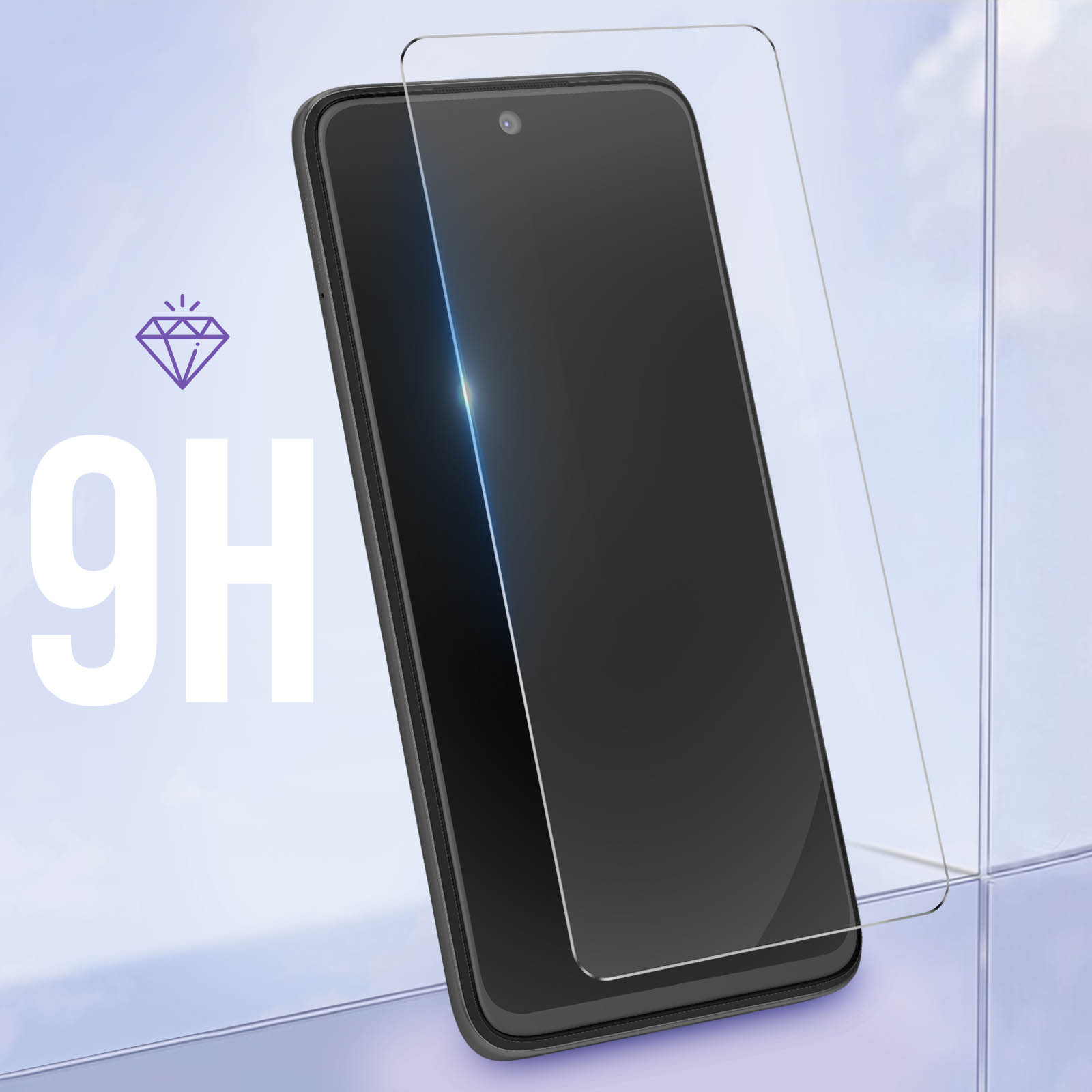 Telefoon met schermbeschermer, met een diamant en de tekst '9H'.