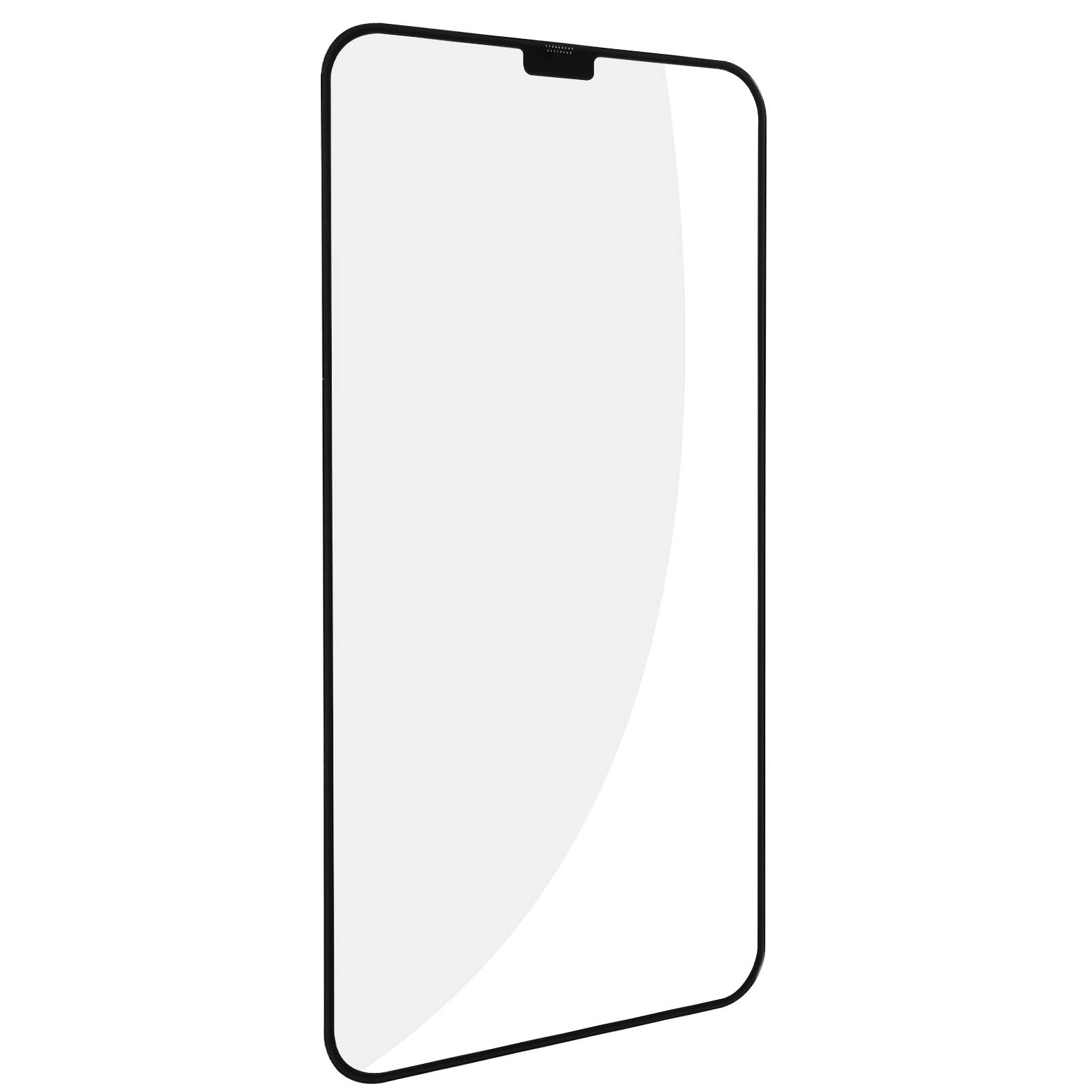 Una protezione schermo per telefono con cornice nera e una tacca per la fotocamera anteriore.