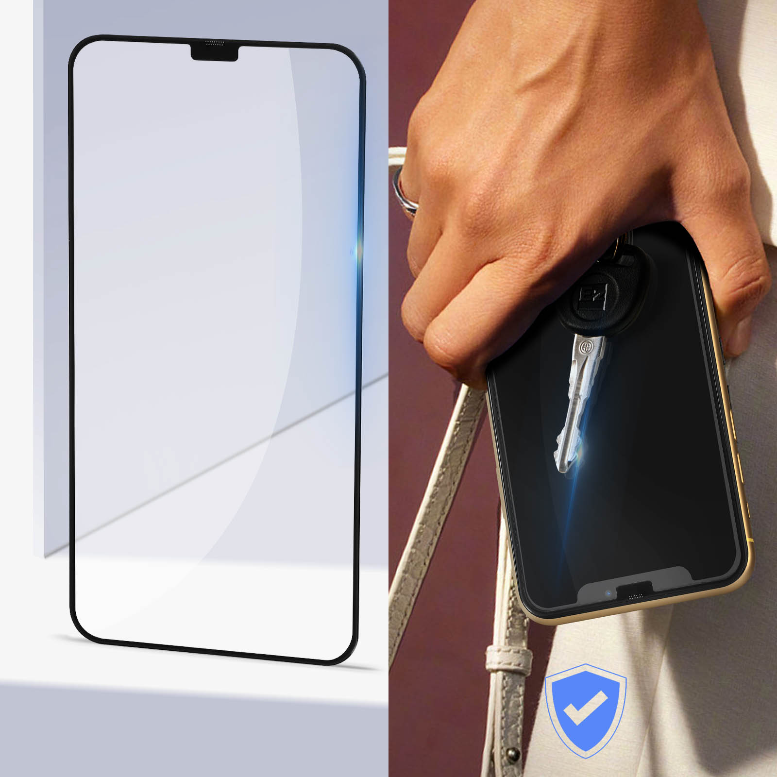 Un proteggi schermo e un telefono uno accanto all'altro.