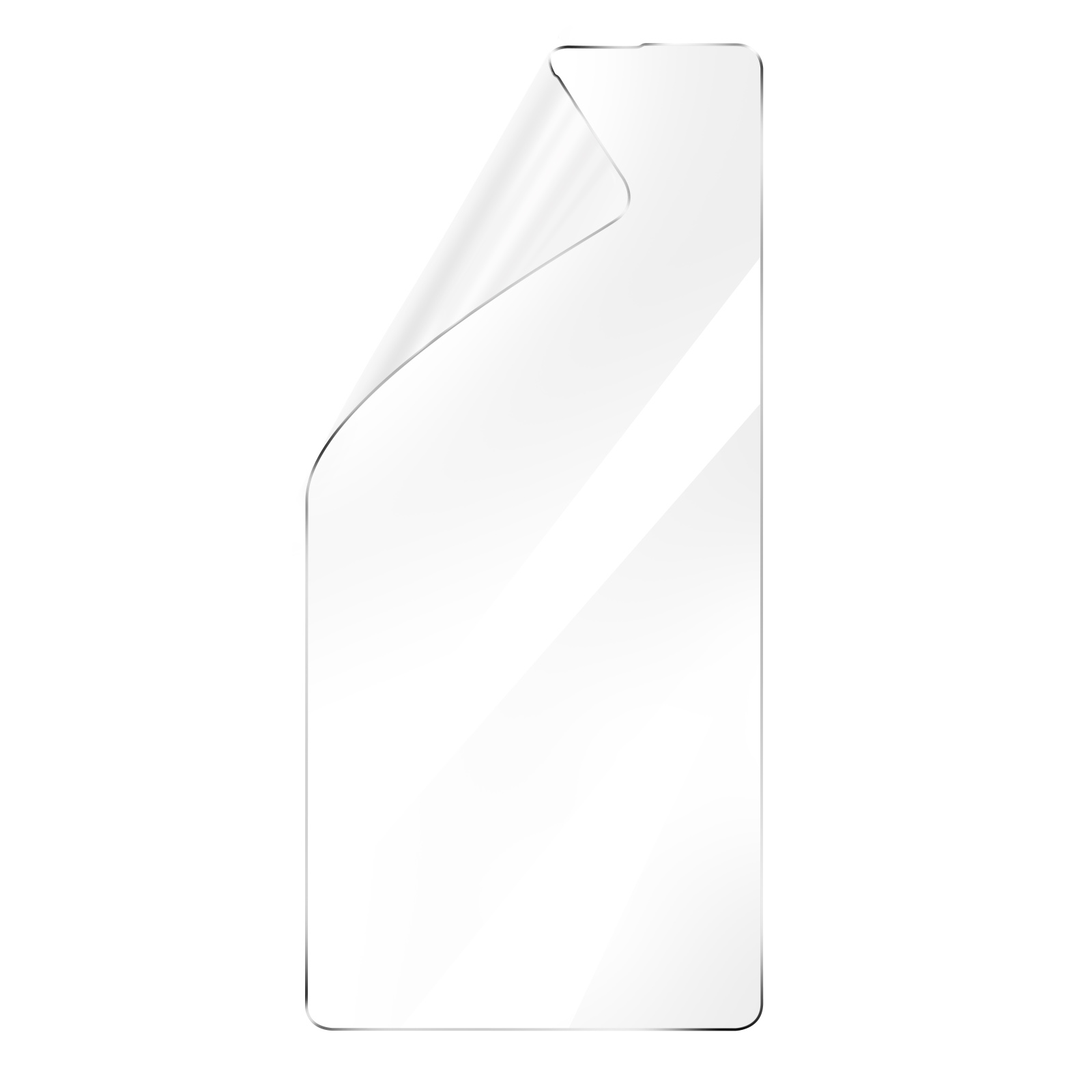 Un protecteur d'écran pour téléphone, avec un coin décollé, sur fond blanc.