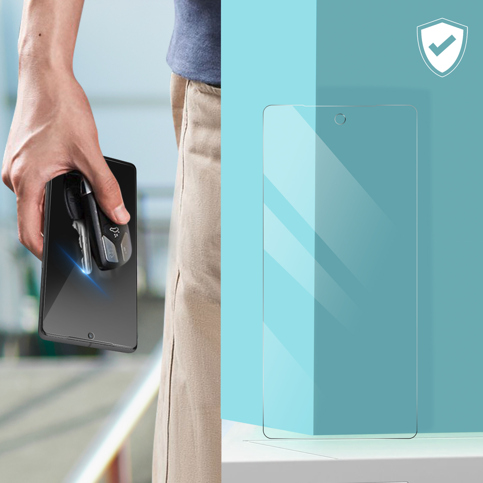 Une personne tenant un téléphone à côté de clés et d'un protecteur d'écran. L'écran du téléphone est noir.