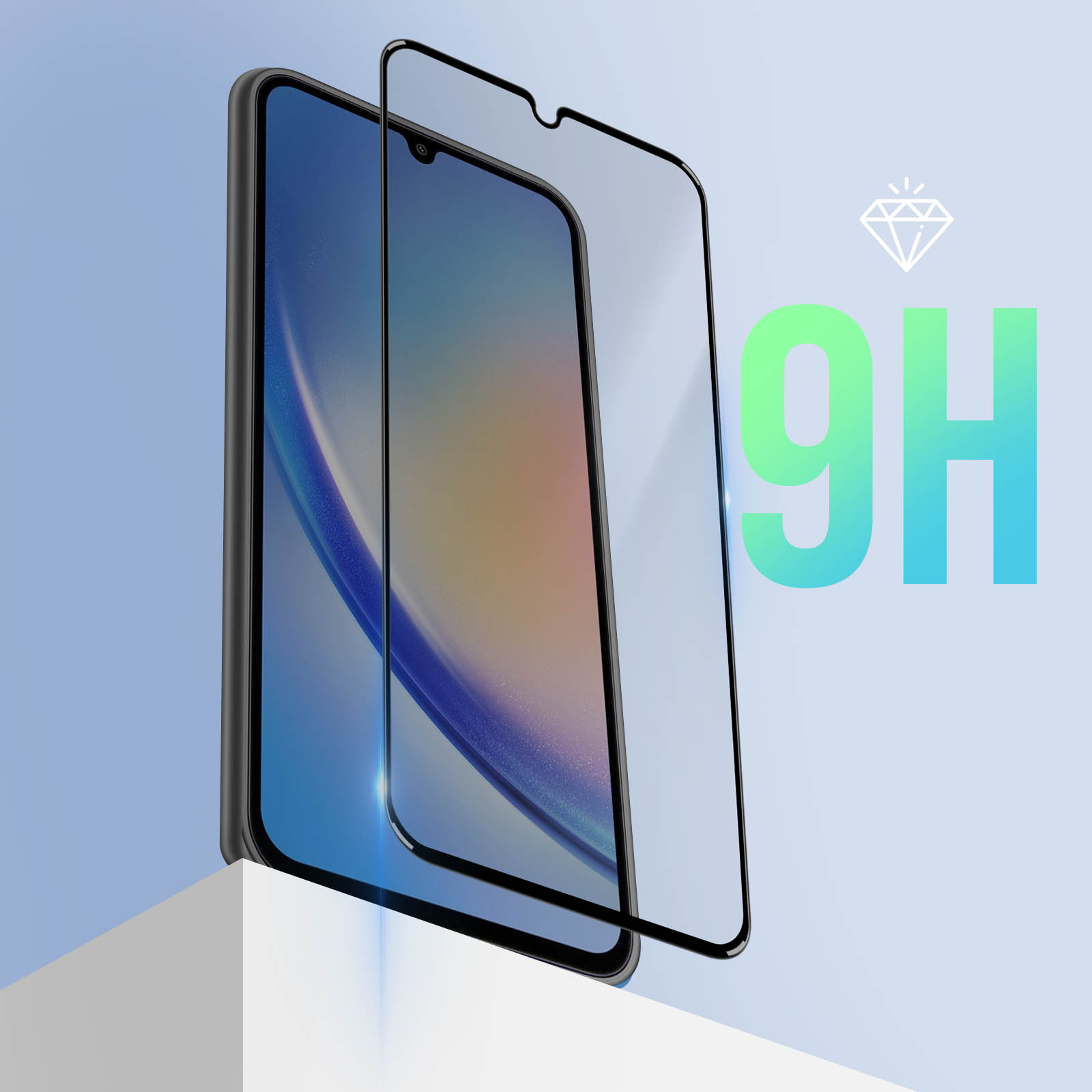 Proteggi schermo per telefono, telefono in custodia nera, con sfondo azzurro.