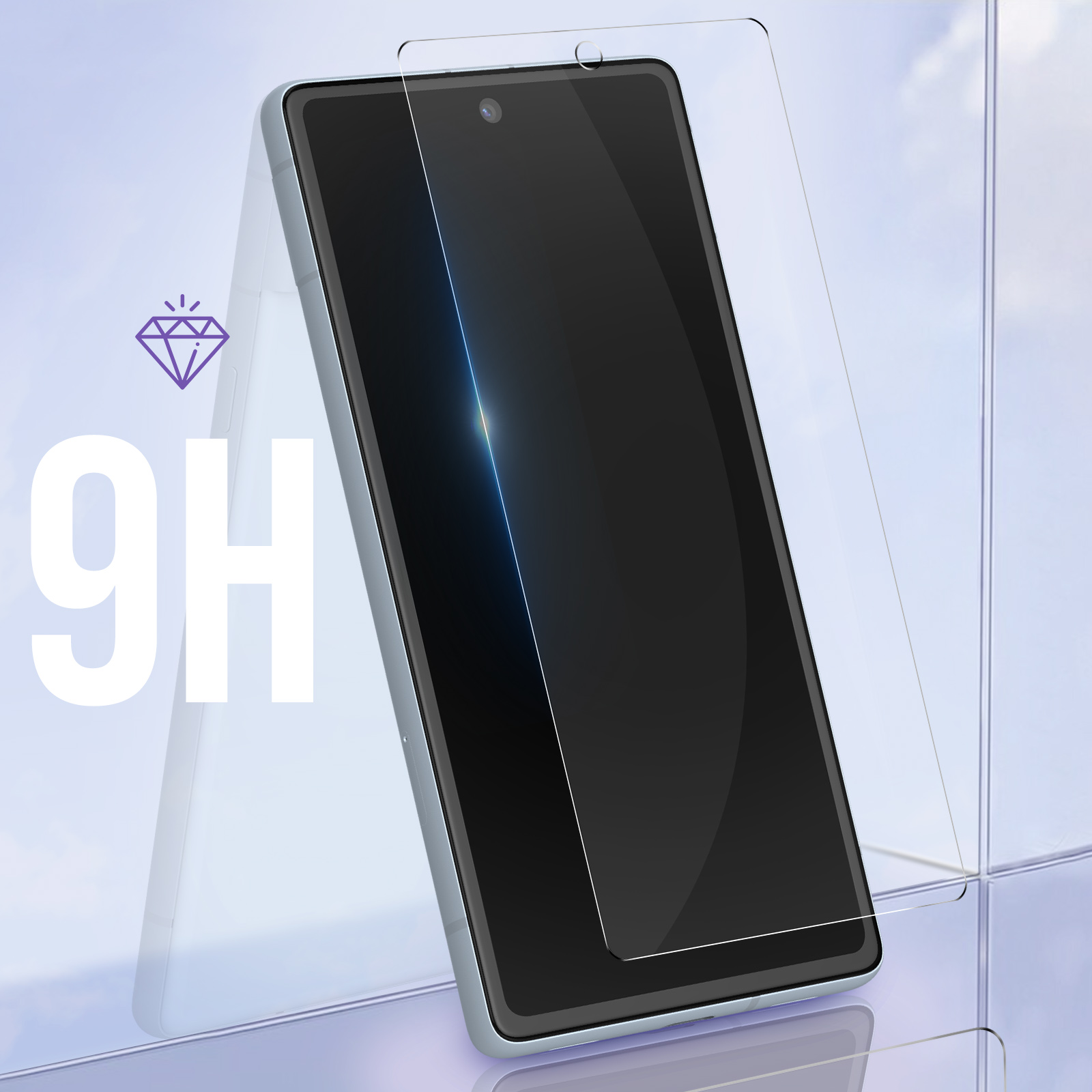 Smartphone con protezione schermo. Protezione schermo trasparente sul telefono e un'icona a diamante.