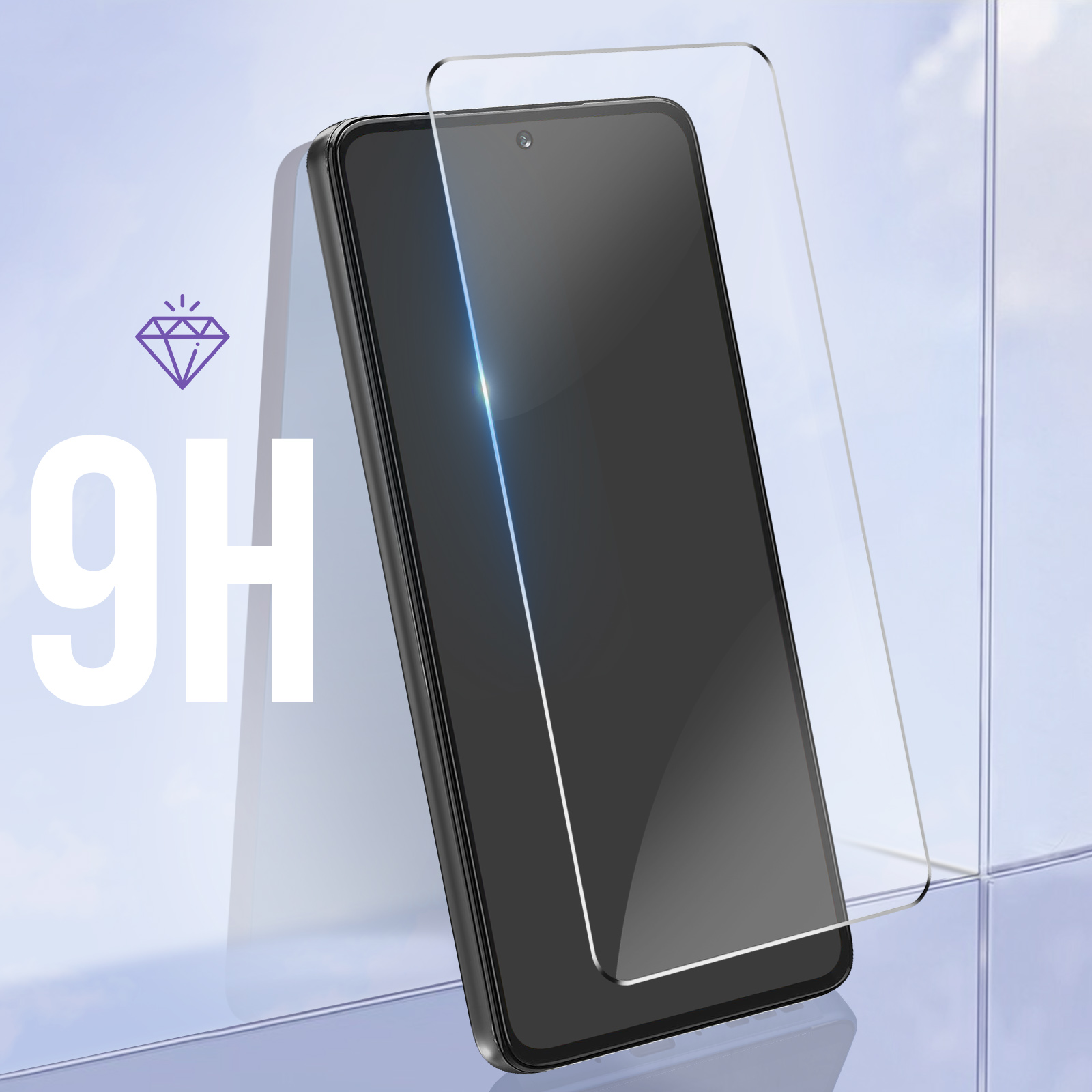 Un smartphone noir avec un protecteur d'écran, avec un symbole de diamant, sur une surface en verre.