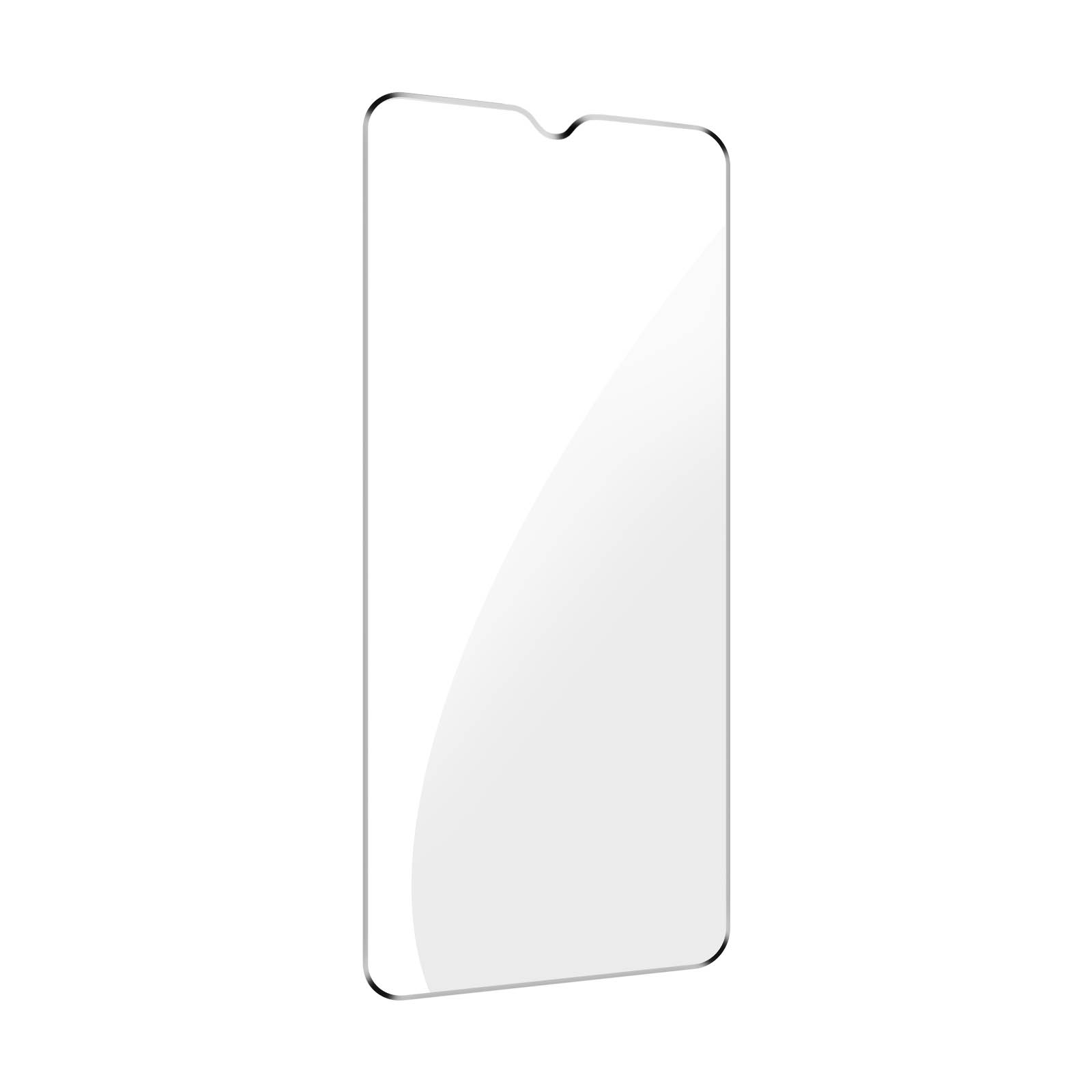 Un protecteur d'écran transparent pour un téléphone. Il a des coins arrondis et une encoche pour la caméra avant.