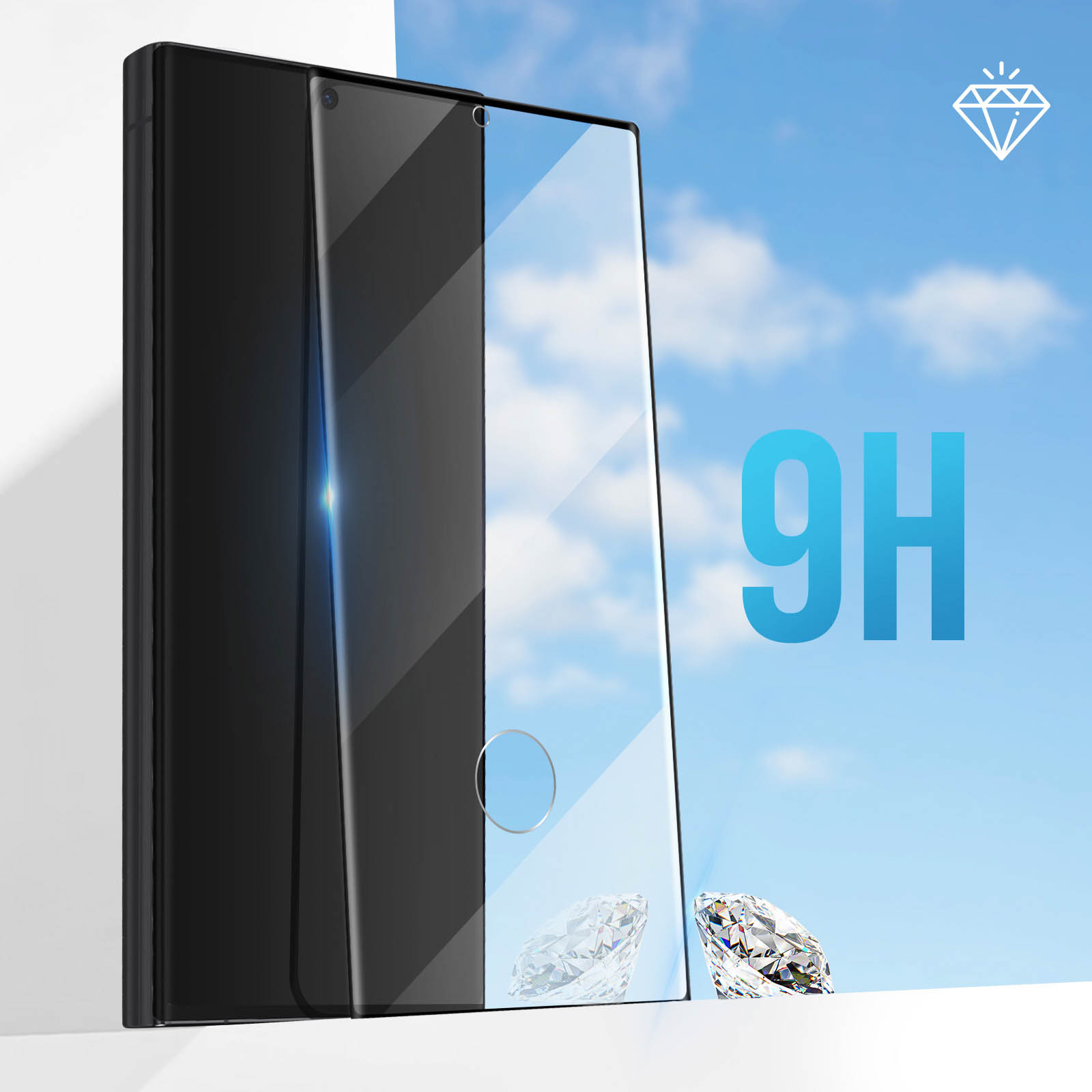 Un téléphone noir avec un protecteur d'écran. Un diamant et '9H' sont dans le cadre, avec un fond de ciel bleu.