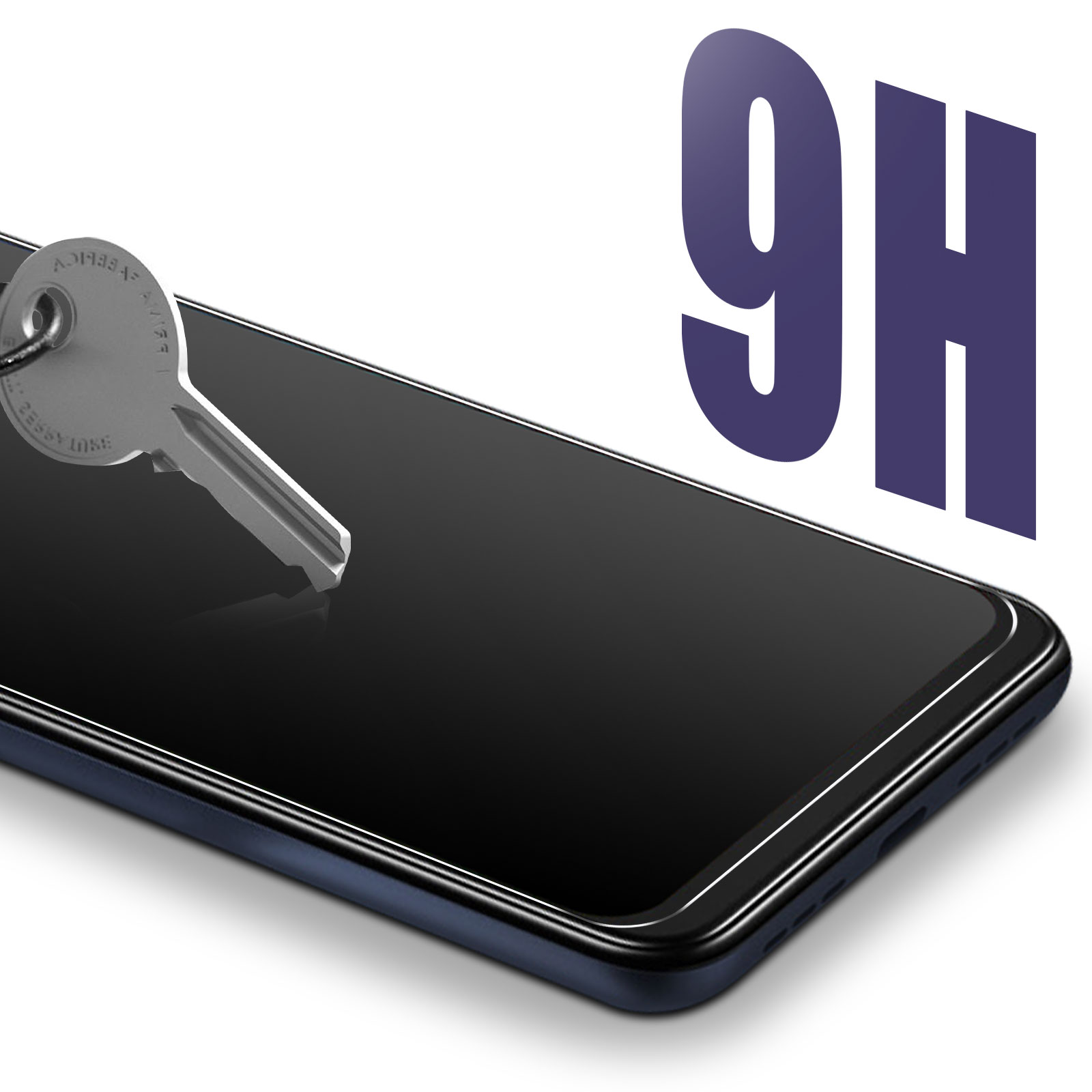 Una chiave è posizionata vicino allo schermo di un telefono con una sovrapposizione di testo 9H. Lo schermo è blu scuro.