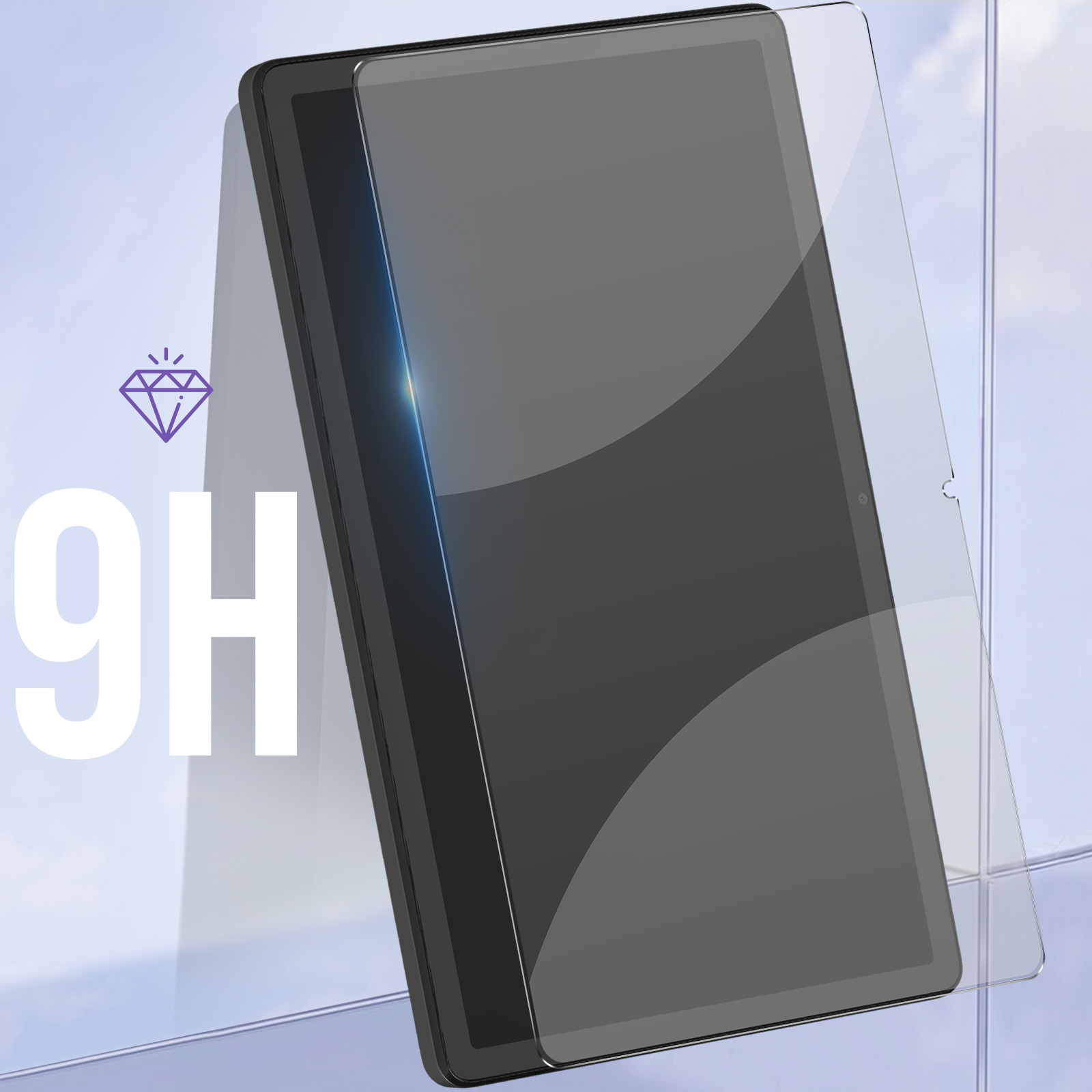 Tableta con protector de pantalla. El protector es transparente. El fondo es un cielo borroso.