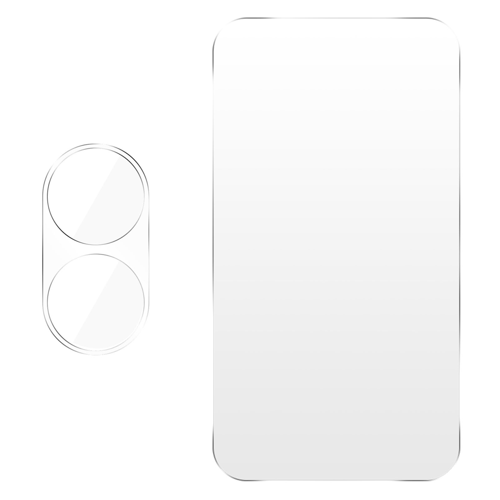 Due protezioni trasparenti per lenti della fotocamera e una protezione schermo rettangolare trasparente su sfondo bianco.