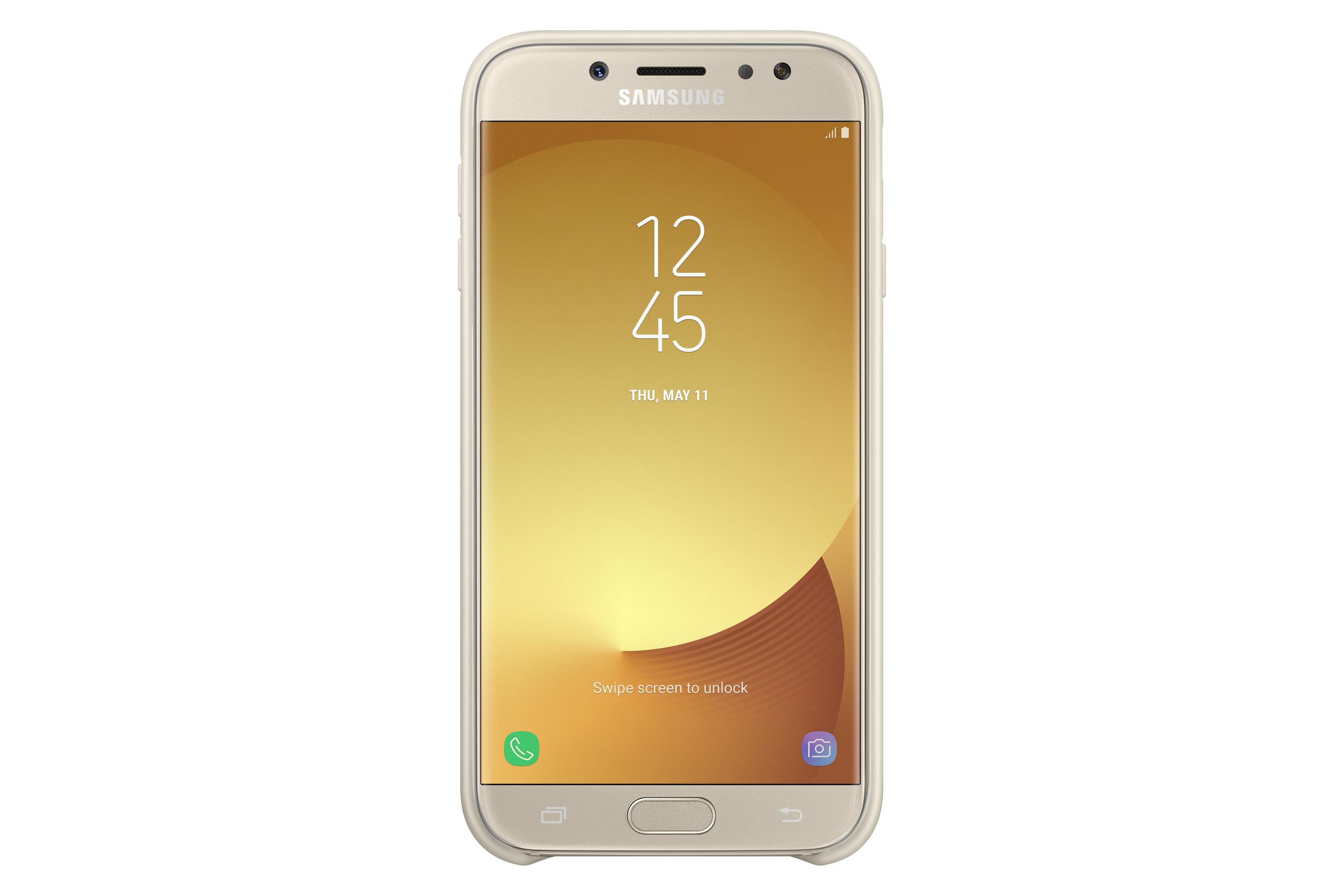 Smartphone dorato con custodia, che mostra l'ora 12:45 su uno sfondo giallo.