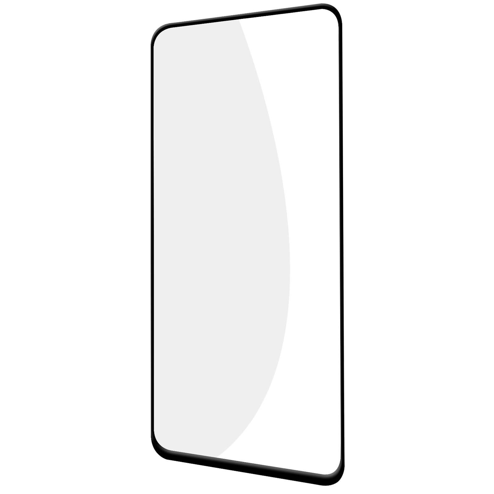 Un proteggi schermo nero per telefono con cornice nera. Rettangolare e superficie liscia e riflettente.