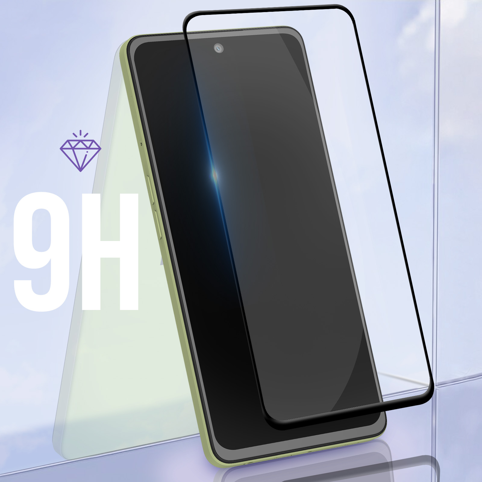 Uno smartphone con protezione schermo, angolato per mostrare schermo e protezione.