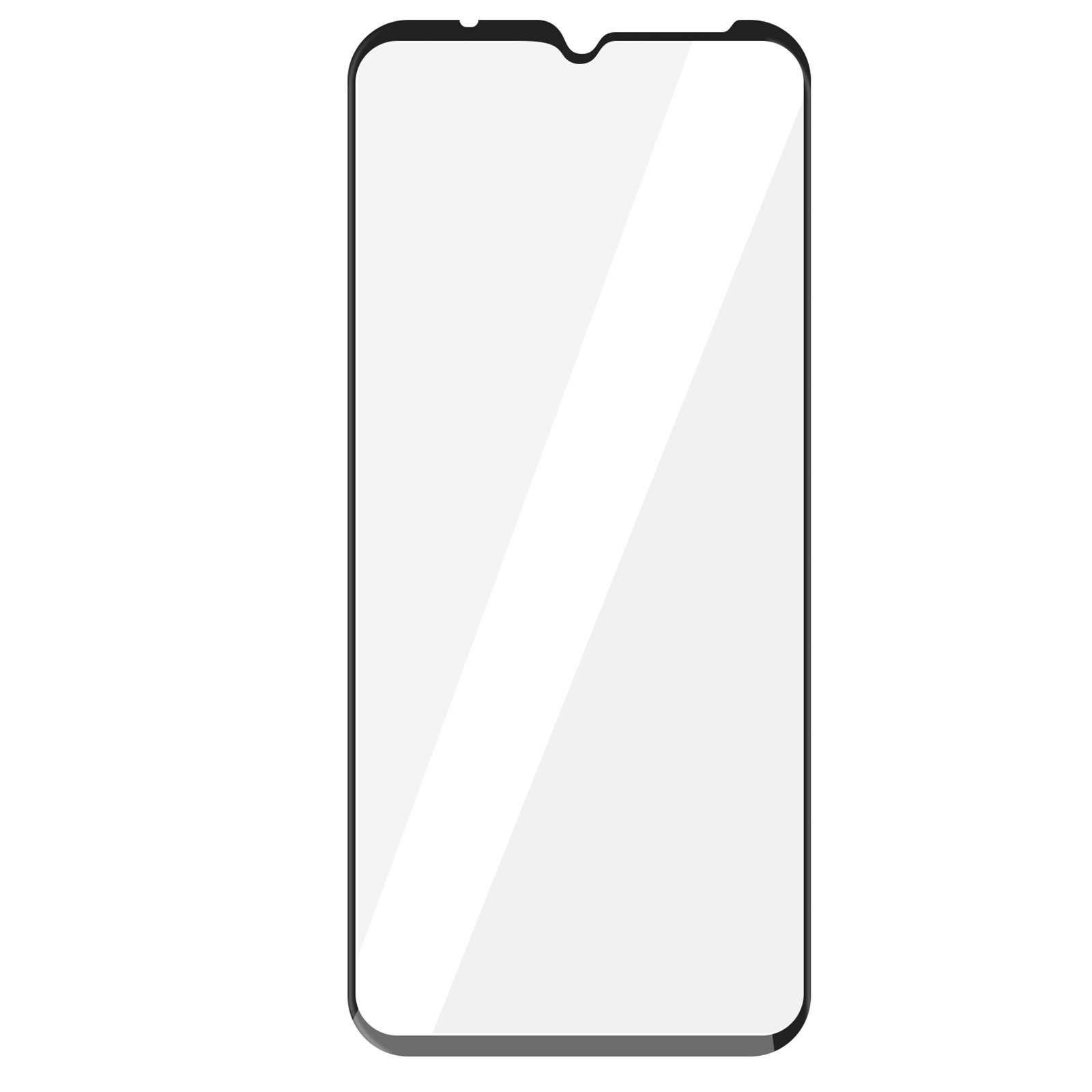 Pellicola protettiva trasparente per smartphone con cornice nera, su sfondo bianco.