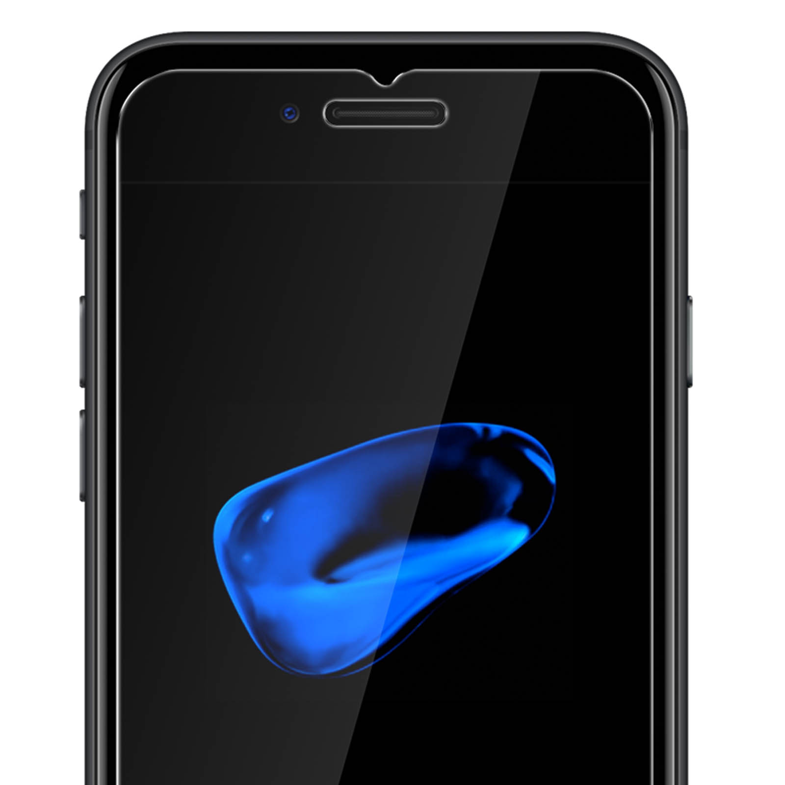 Primo piano di uno schermo di telefono nero con una forma liquida blu.