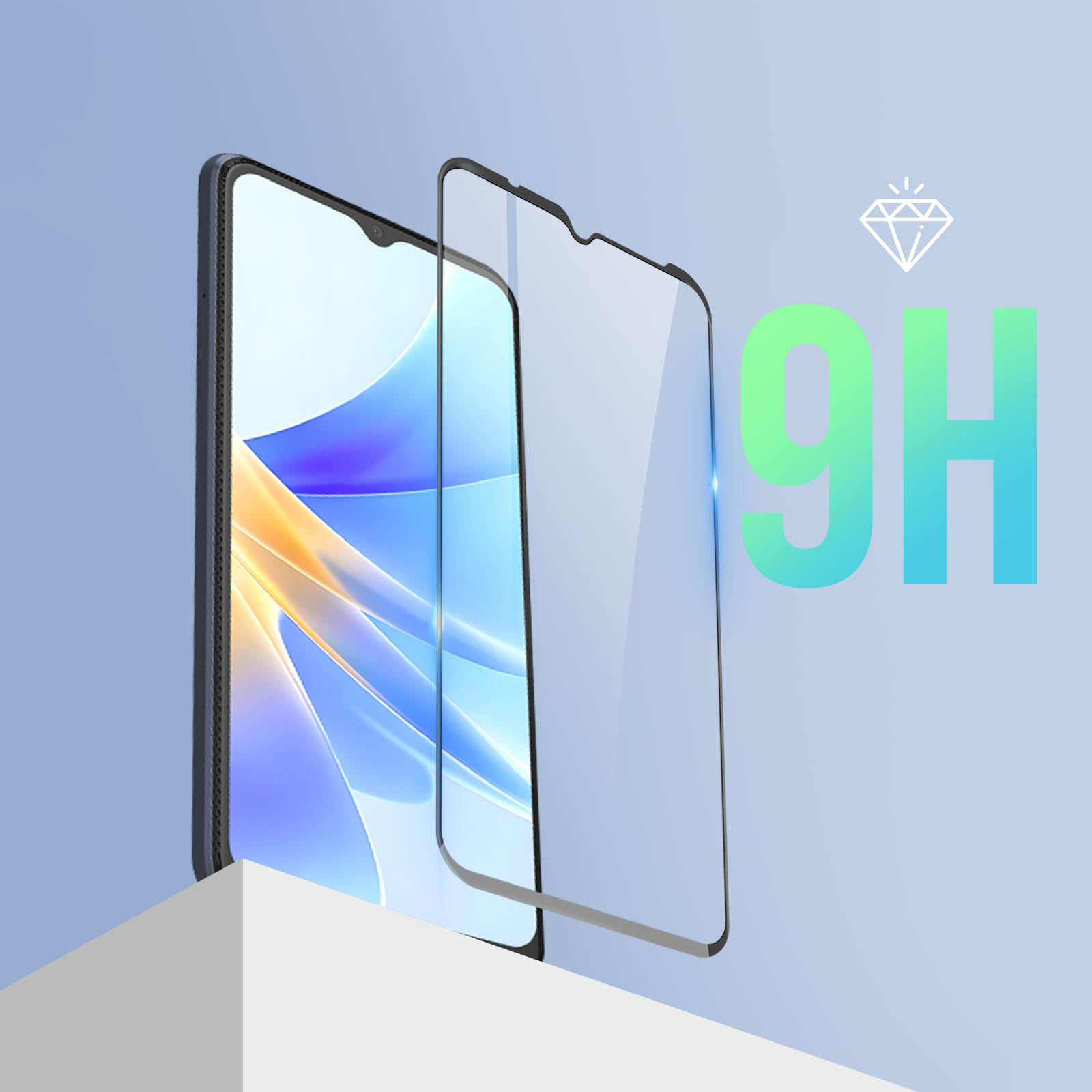 Telefono con protezione schermo. Protezione e telefono angolati. Etichetta 9H e icona diamante.