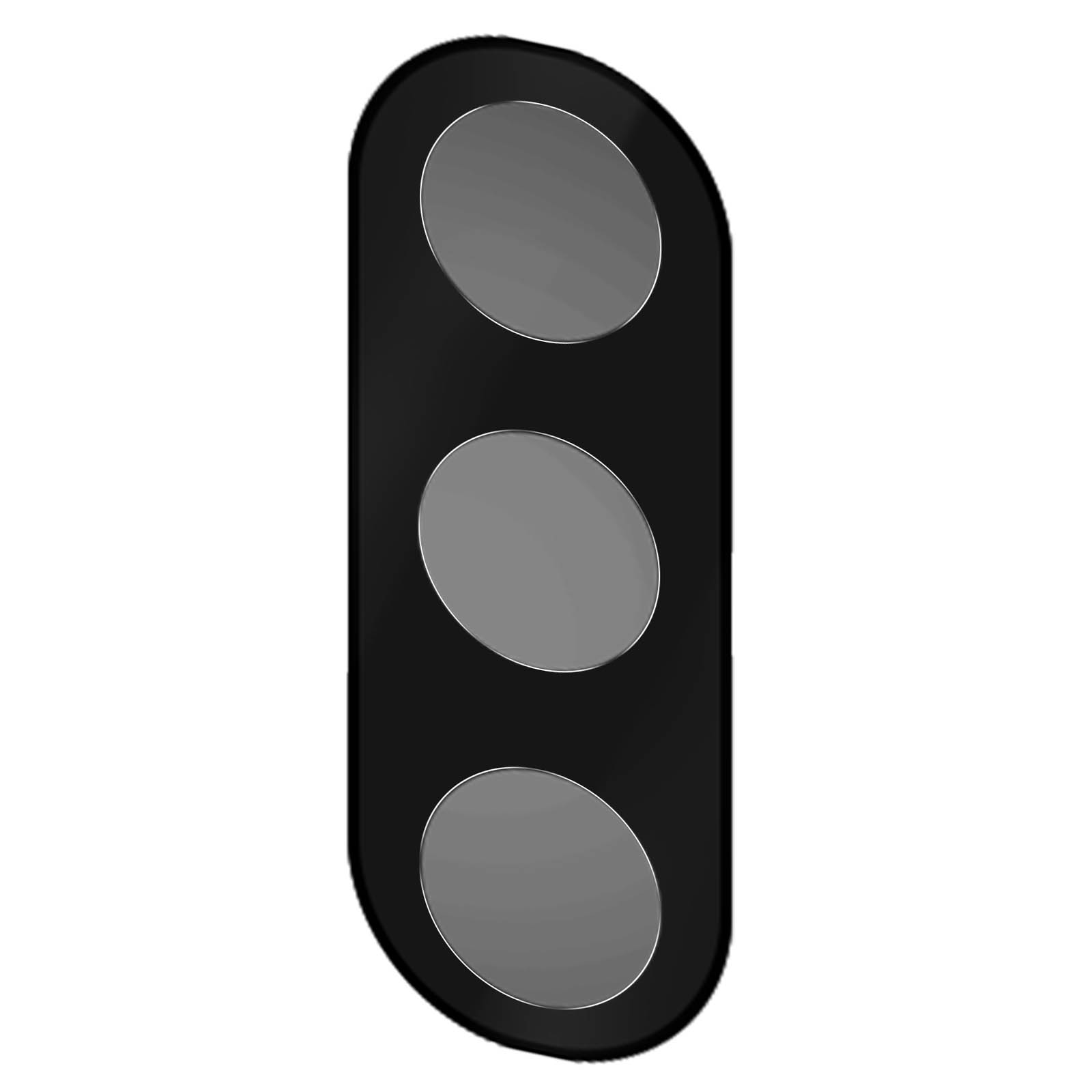 Module de caméra de téléphone noir avec trois lentilles de caméra circulaires grises. Fond blanc.