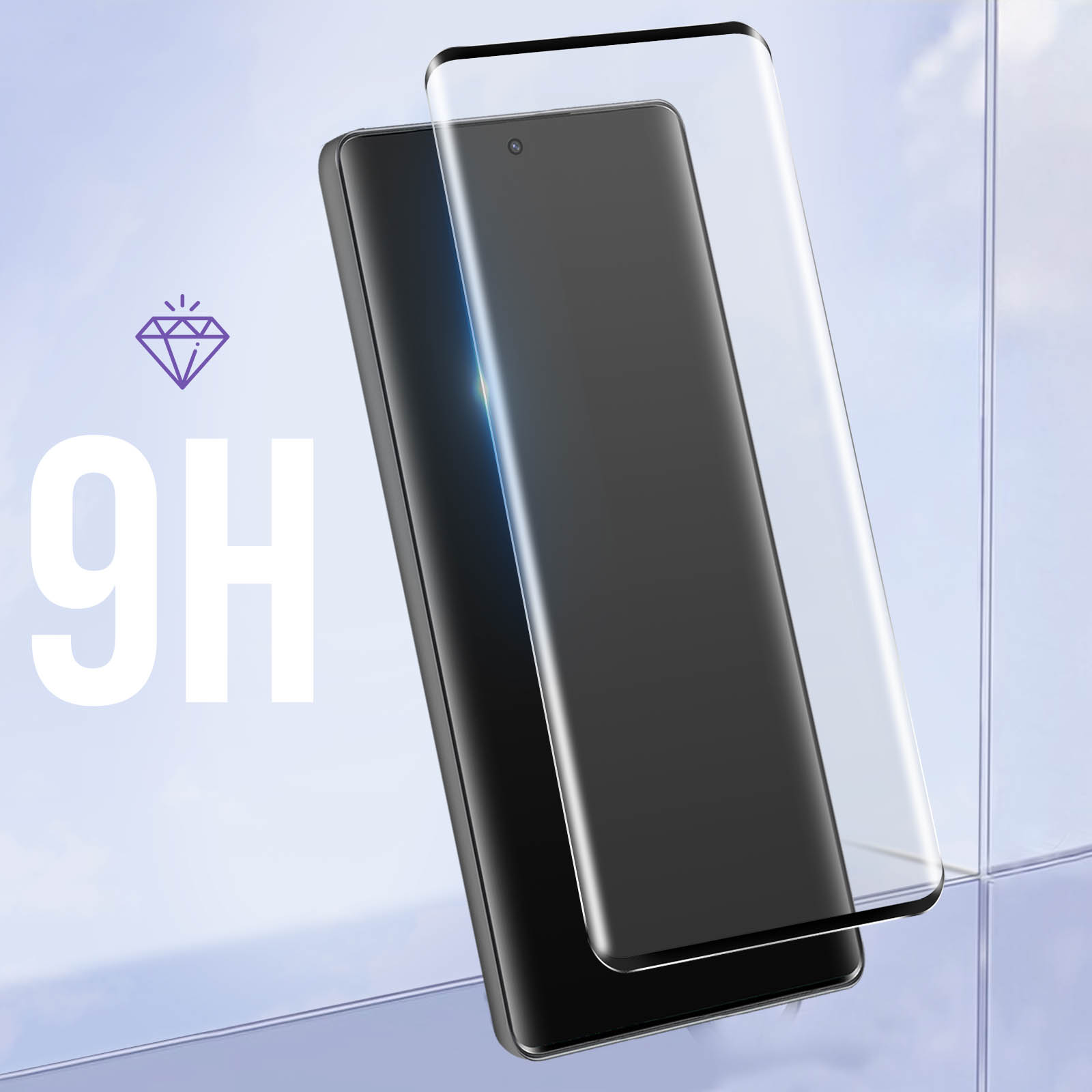 Téléphone avec protecteur d'écran, avec symbole diamant et 9H, sur fond bleu.