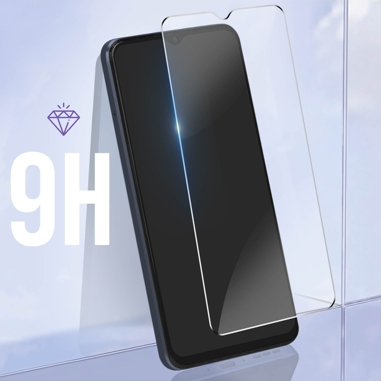 Een telefoon met een schermbeschermer, met een 9H-classificatie, tegen een lichte gradiëntachtergrond.