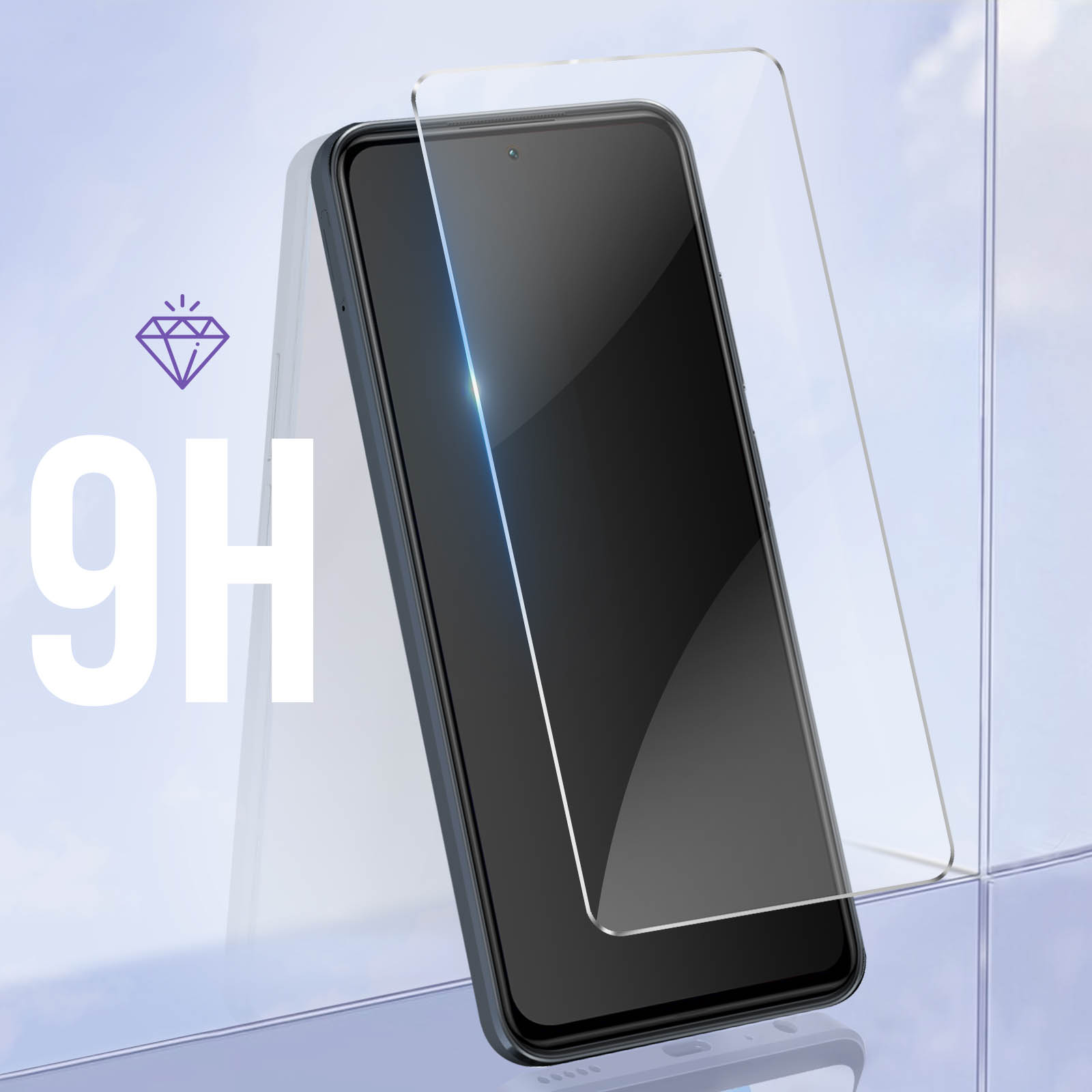 Un telefono con protezione schermo e un logo diamante con il numero '9H'.