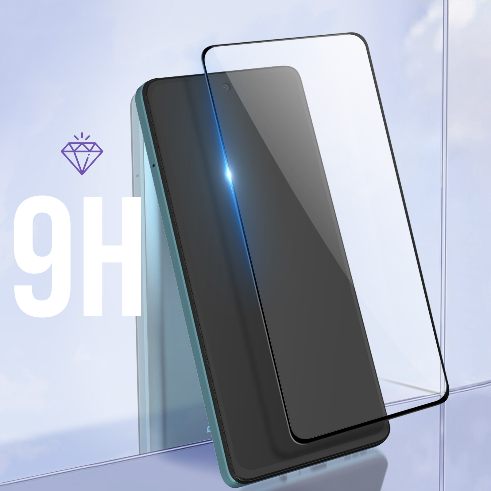 Proteggi schermo del telefono su un telefono, con un'icona a diamante e il testo '9H'.