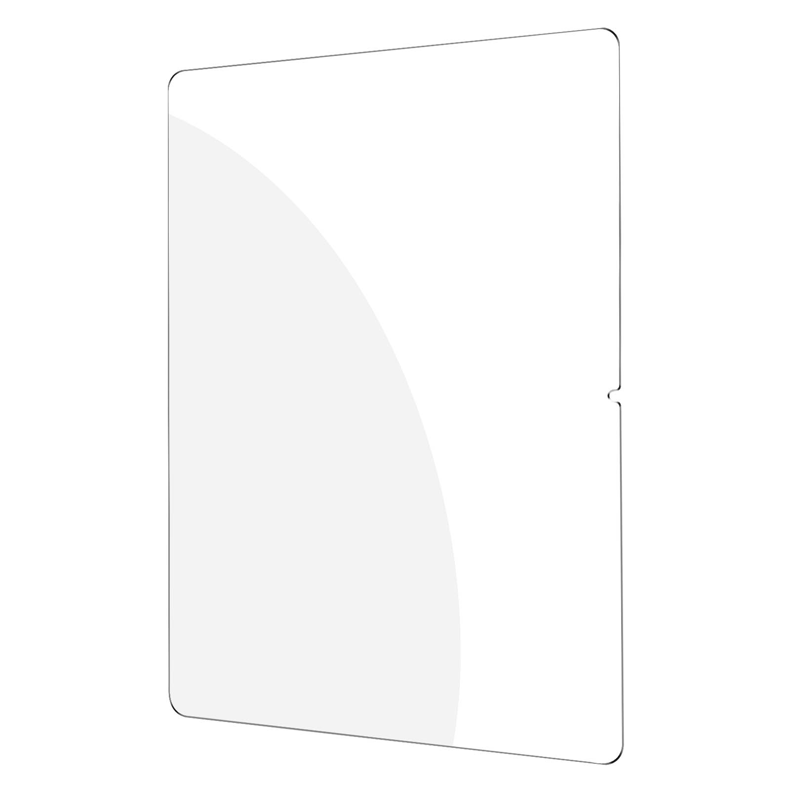 Una protezione schermo trasparente per un dispositivo, con una leggera curvatura, su sfondo bianco.