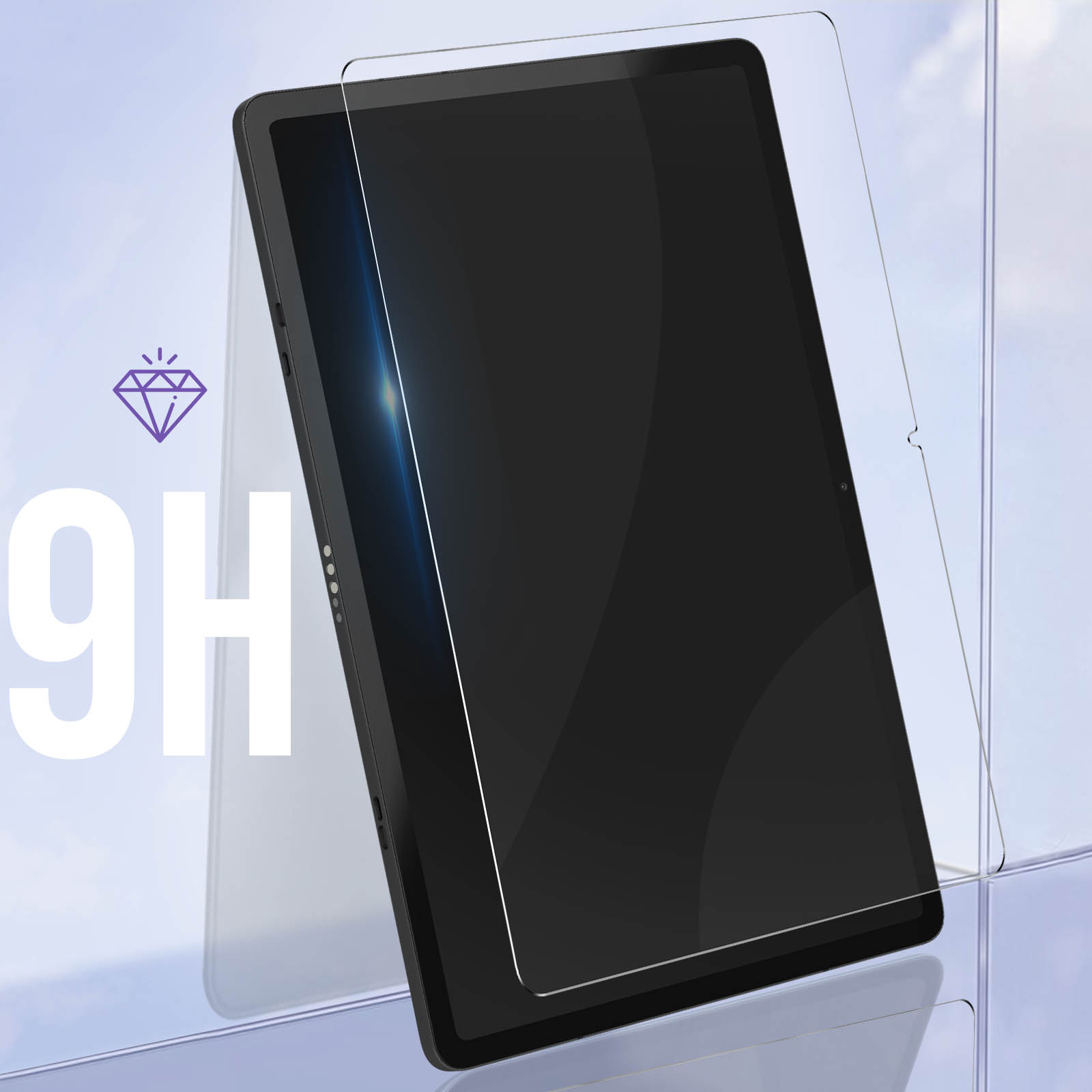 Tablet con protezione schermo. Icona diamante 9H. Tablet nero con protezione trasparente.