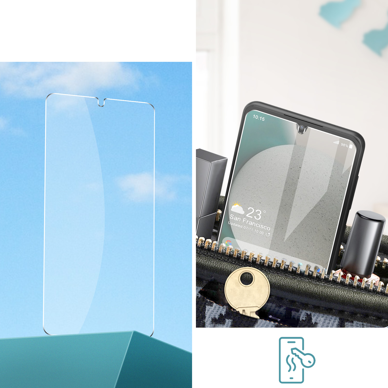 Schermbeschermer en telefoon met apps, sleutel en lippenstift.