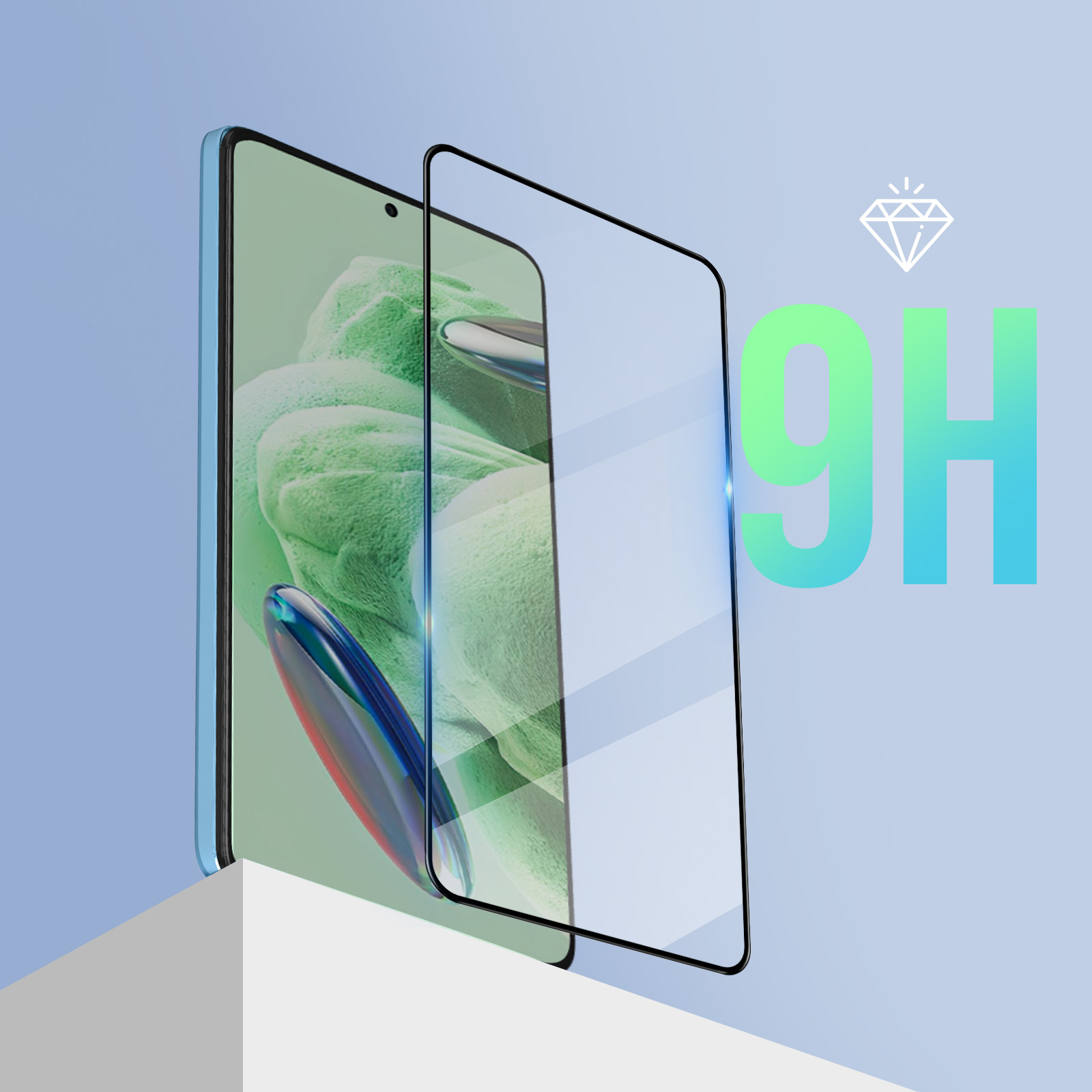 Un telefono con un proteggi schermo applicato, un proteggi schermo trasparente è mostrato davanti.