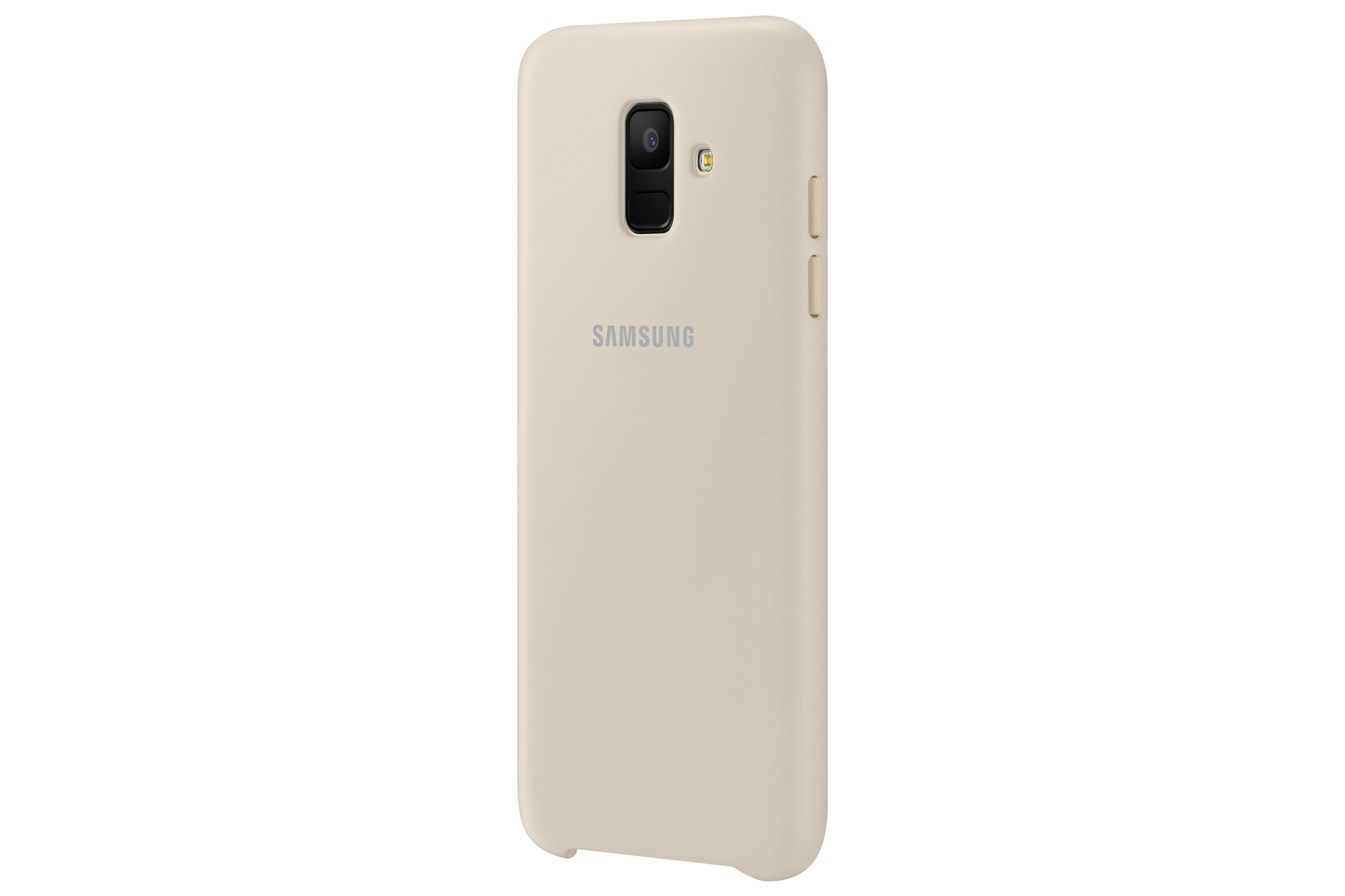Eine beige Handyhülle mit Kamera- und Knopfausschnitten. Das Samsung-Logo ist auf der Rückseite sichtbar.
