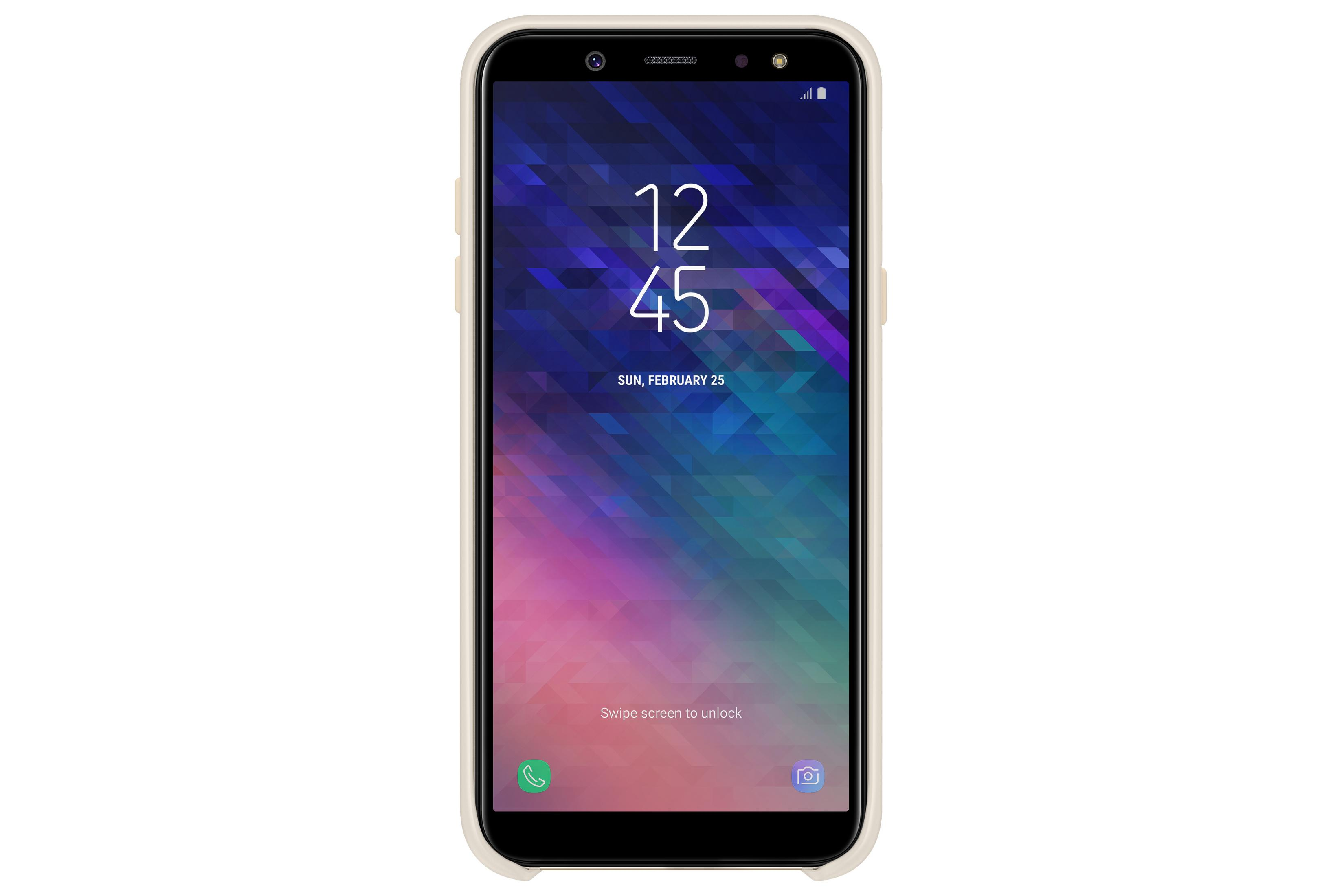 Smartphone mit Zeitanzeige. Der Bildschirm zeigt Zeit, Datum und einen bunten Hintergrund. Es hat ein cremefarbenes Gehäuse.