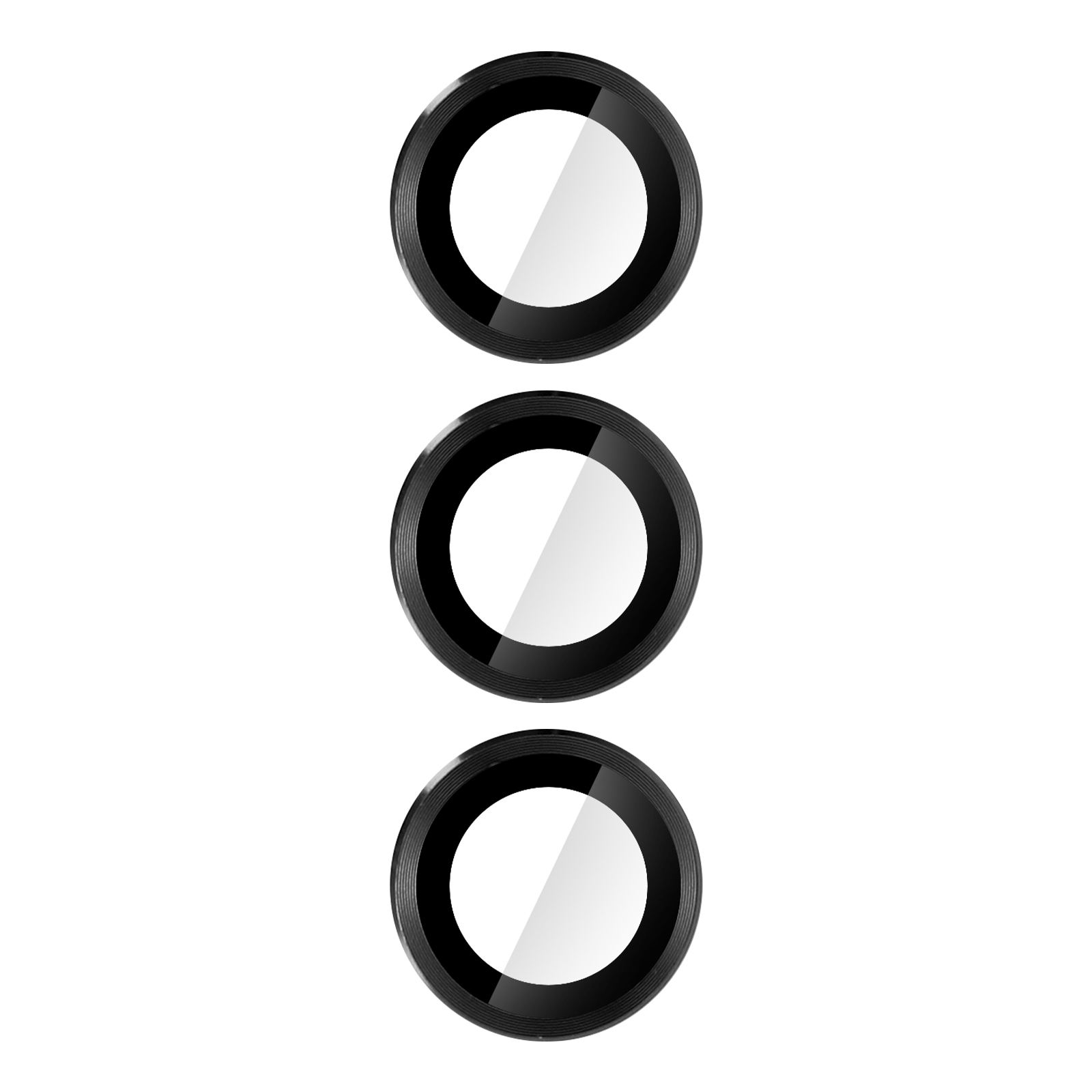 Trois protecteurs d'objectif d'appareil photo noirs avec des intérieurs blancs, disposés verticalement sur un fond blanc.