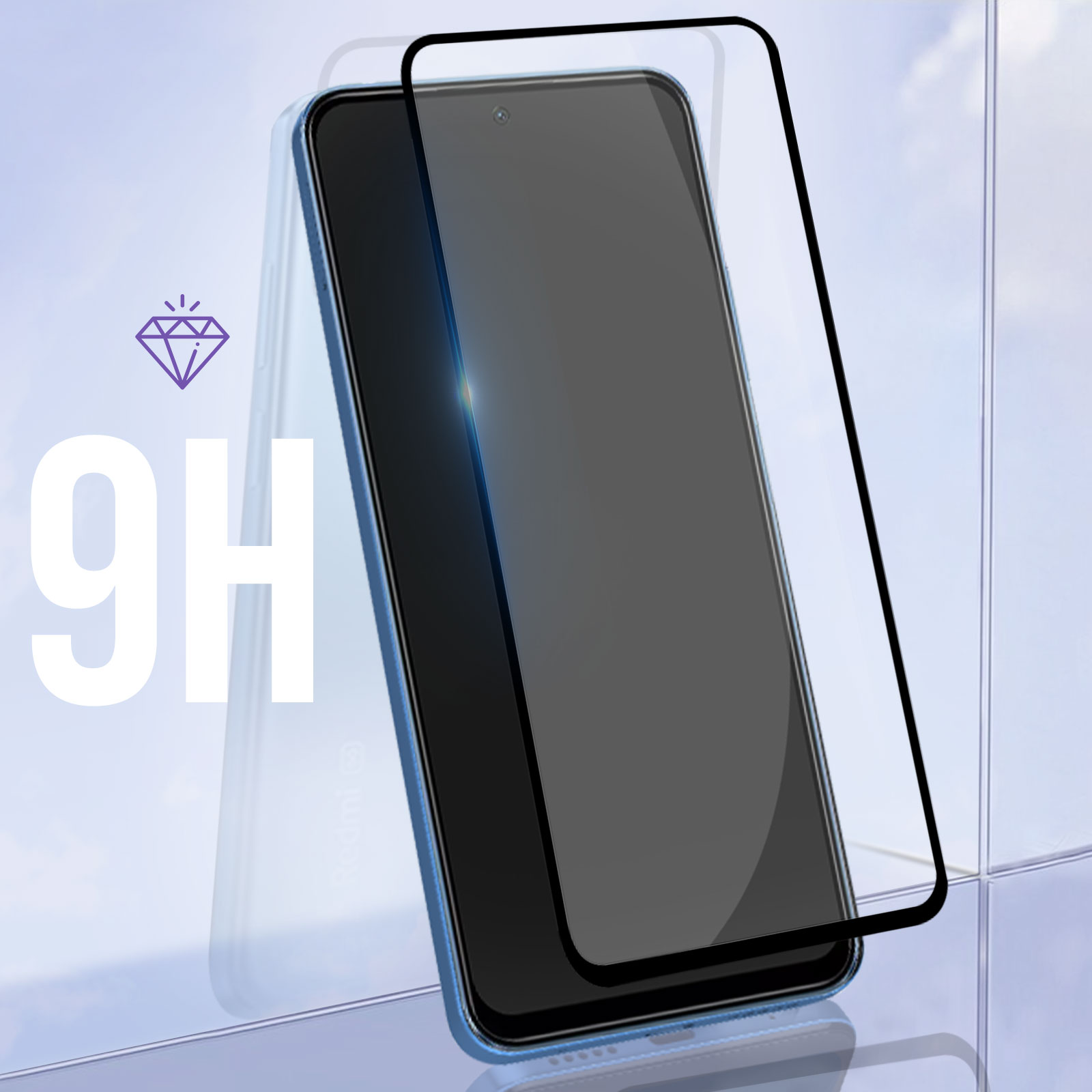 Un telefono con una protezione per lo schermo applicata, appoggiato a una superficie. Il testo recita '9H'.