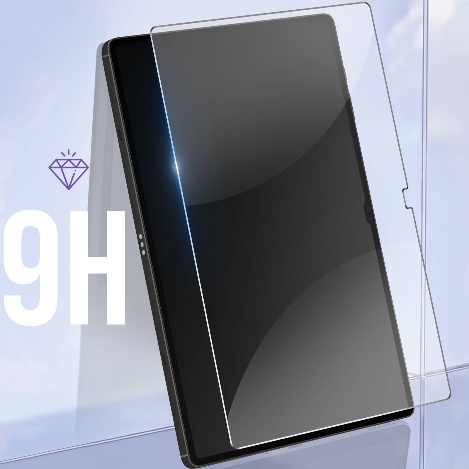 Tableta con protector de pantalla y texto 9H.