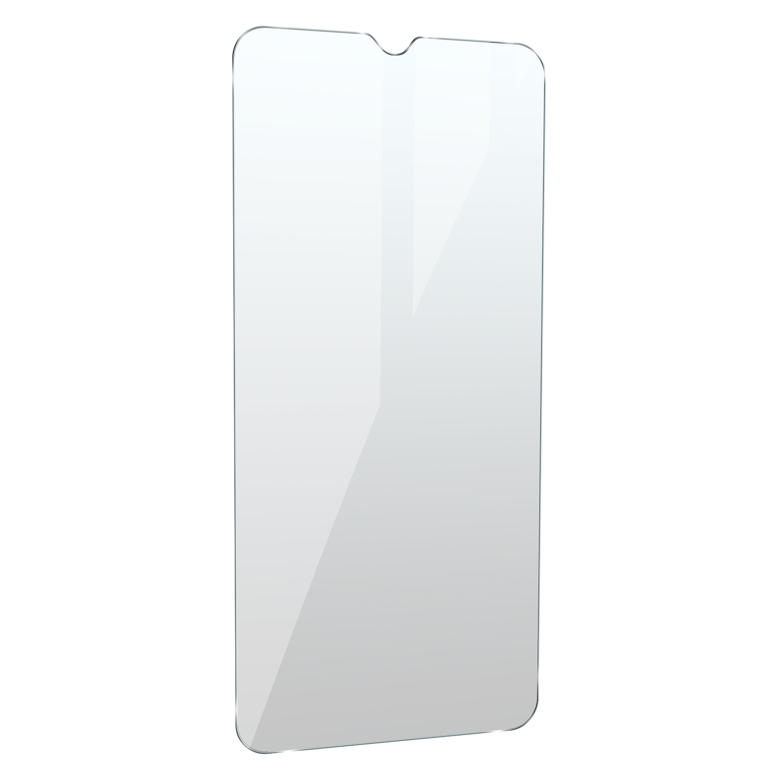 Un protecteur d'écran transparent pour un téléphone. Le protecteur est rectangulaire avec une encoche en haut.