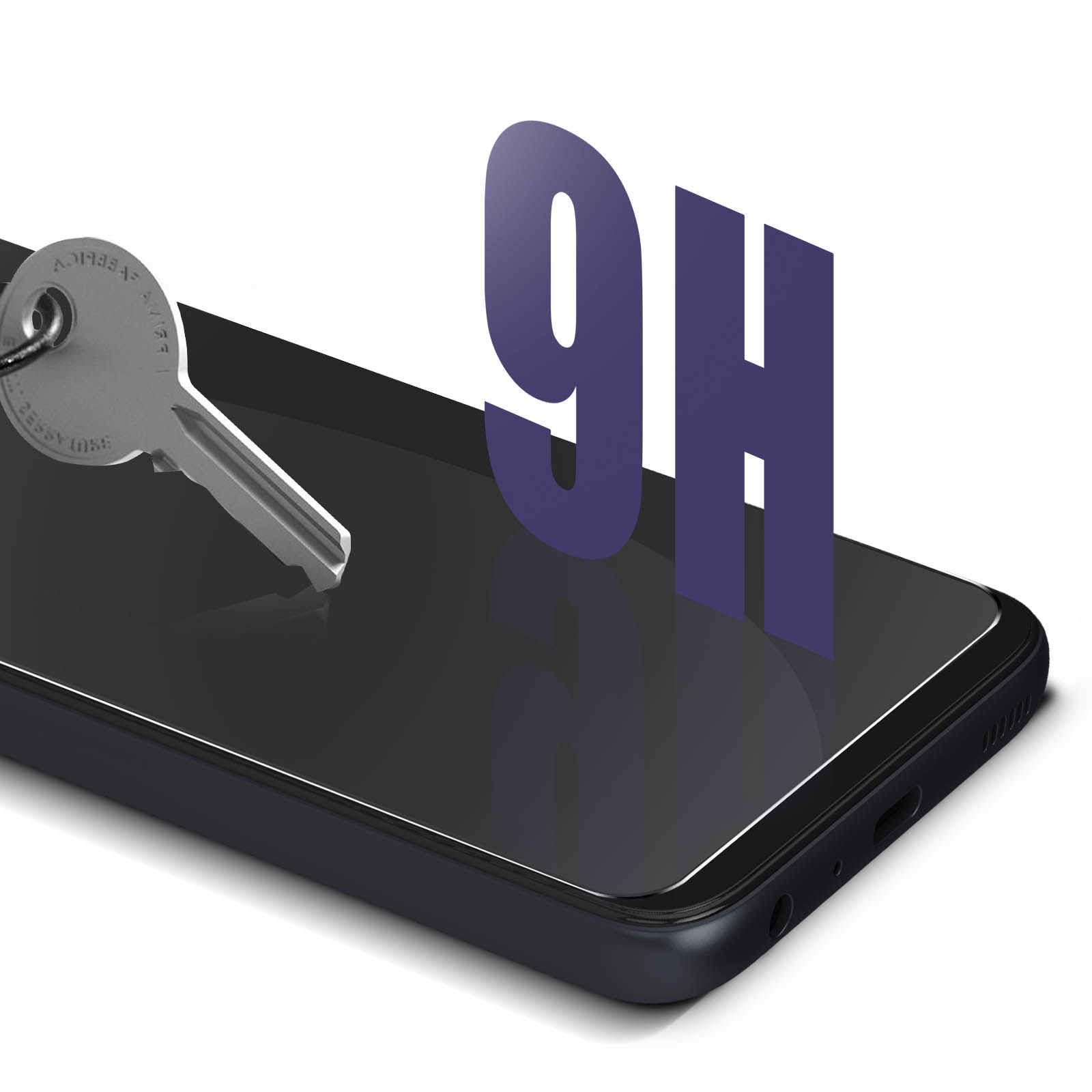 Schermo del telefono con protezione, chiave e testo 9H. Il telefono è su una superficie bianca.