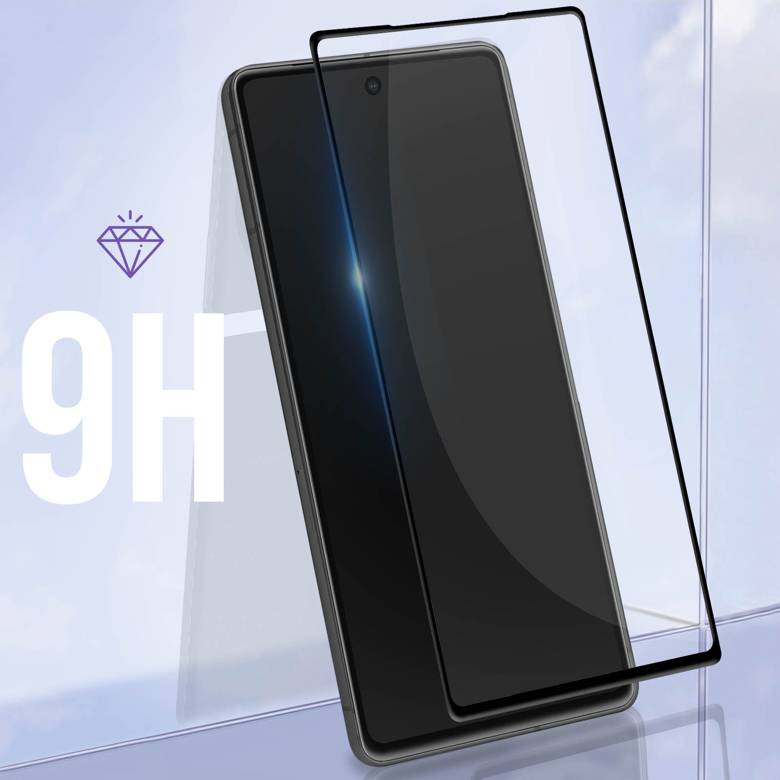 Écran de smartphone avec un protecteur d'écran en verre 9H installé.