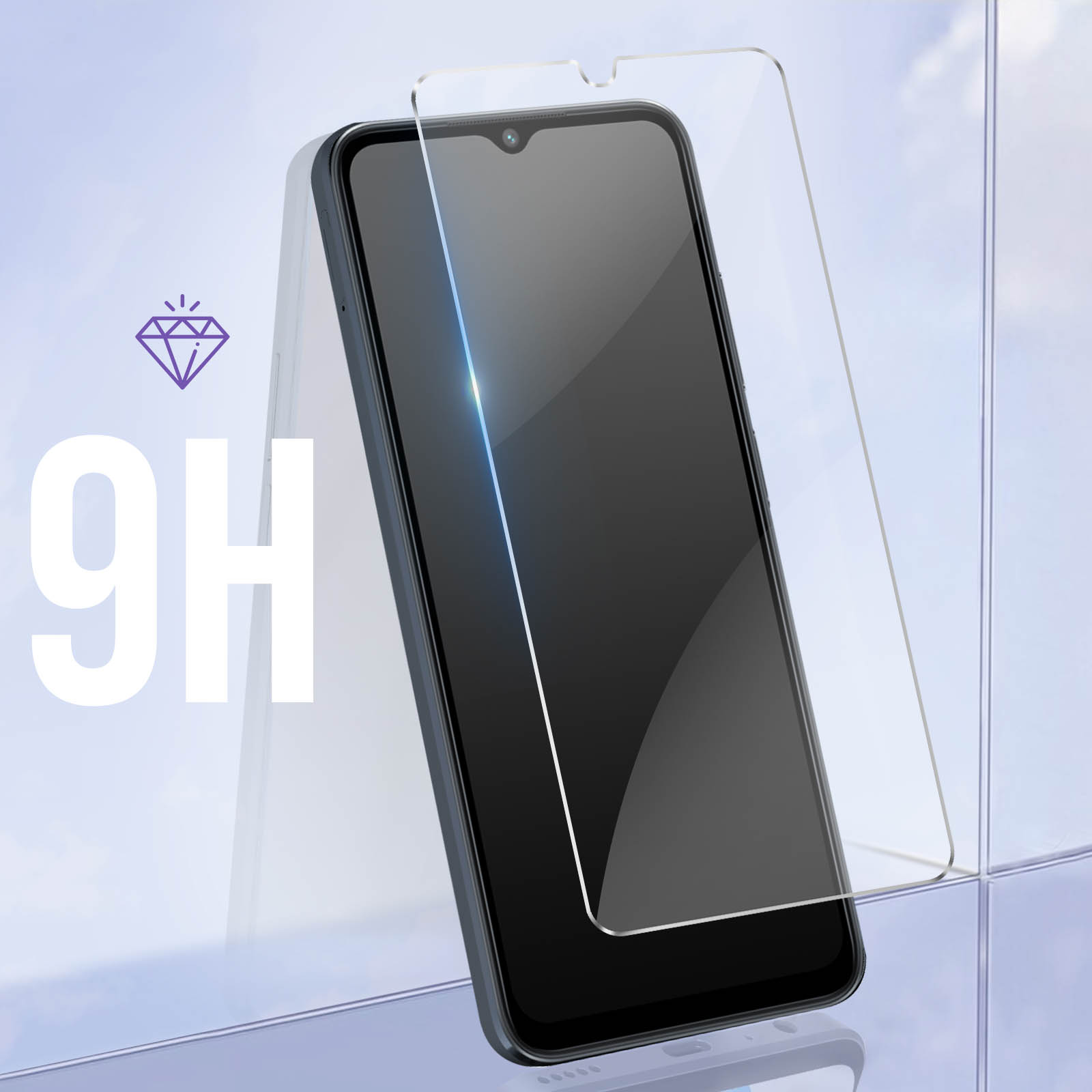 Un telefono con una protezione per lo schermo applicata, con una sovrapposizione di icone a diamante 9H.
