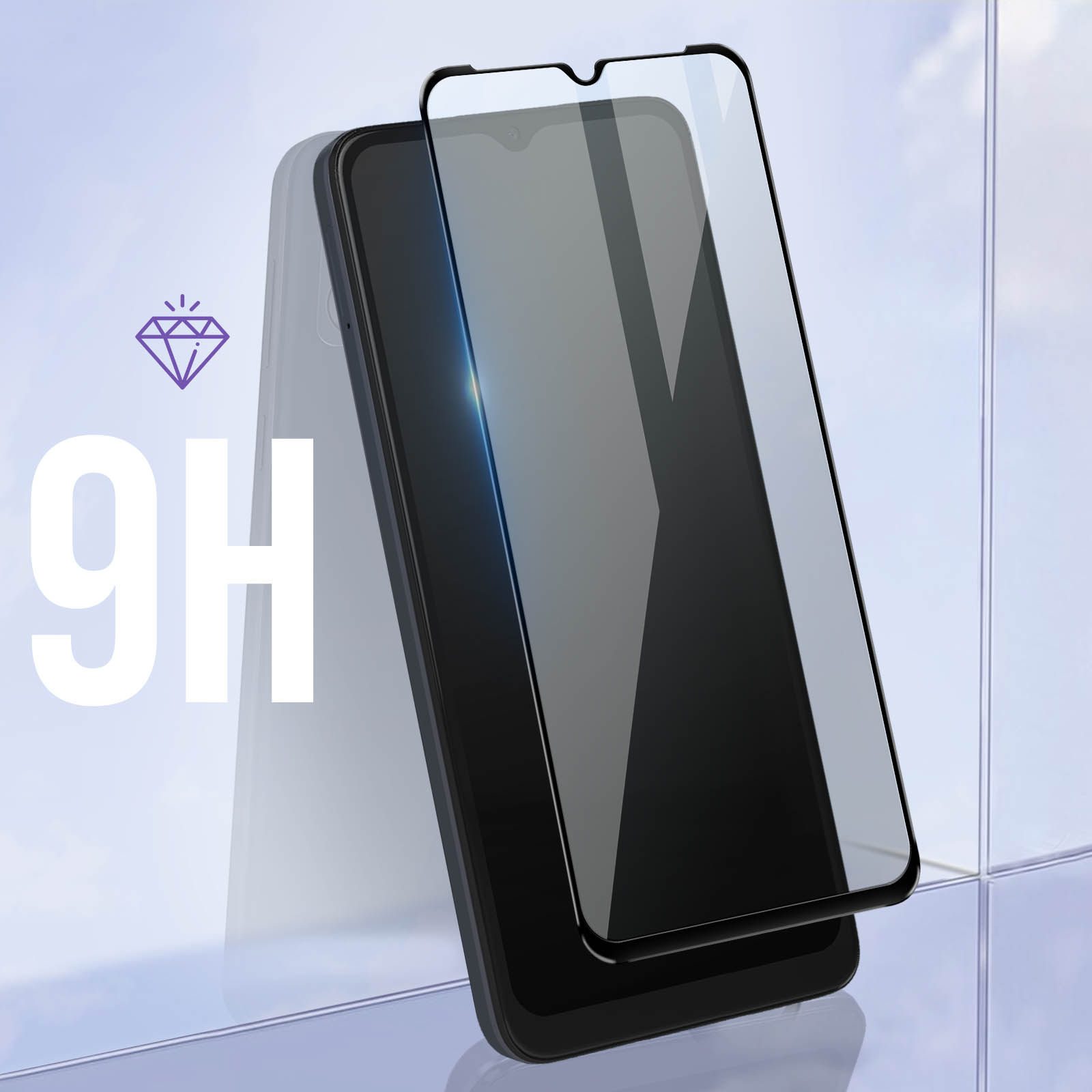 Uno smartphone con protezione schermo, accanto a un diamante e il testo '9H'.
