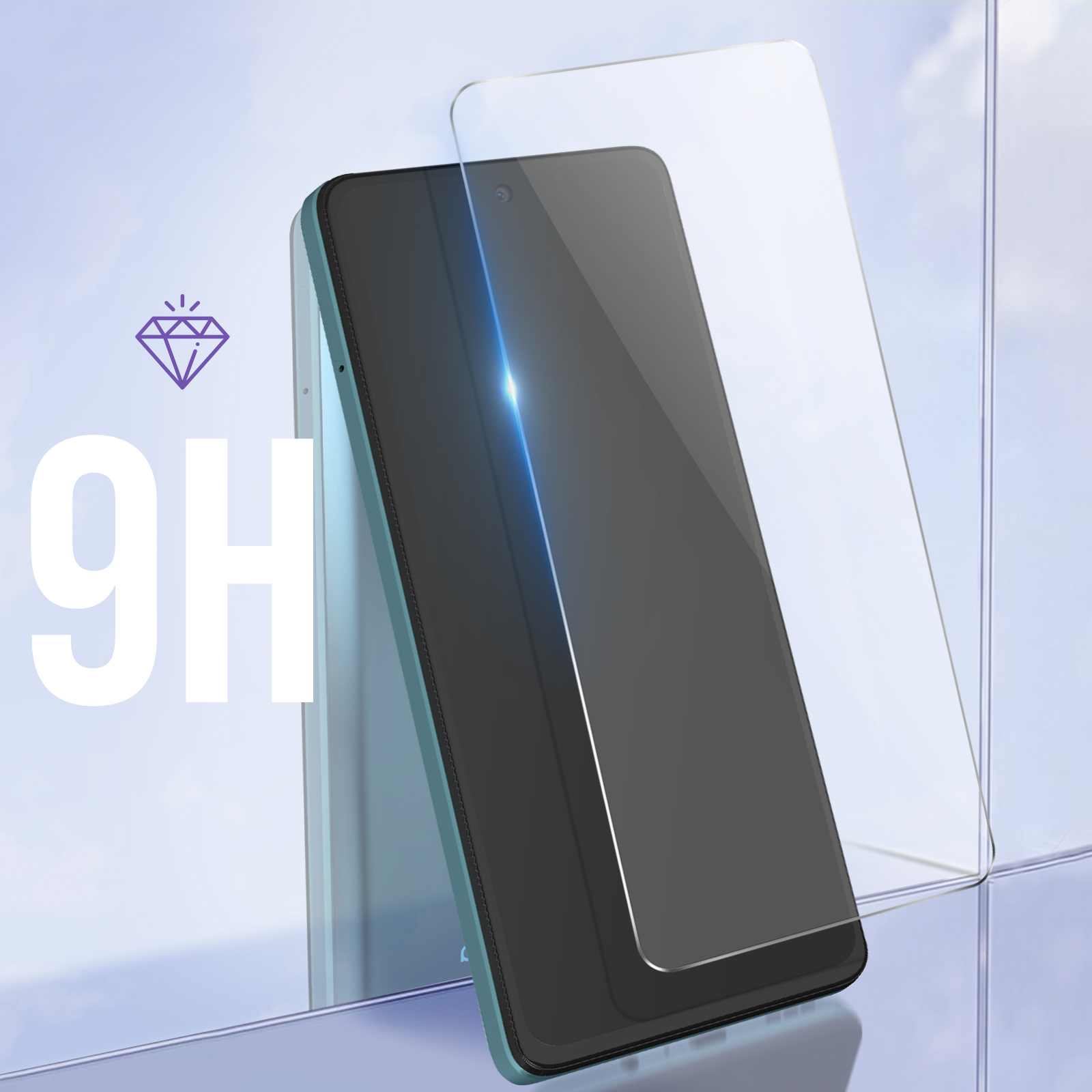 Un telefono con un proteggi schermo applicato, con logo a diamante e la scritta "9H".