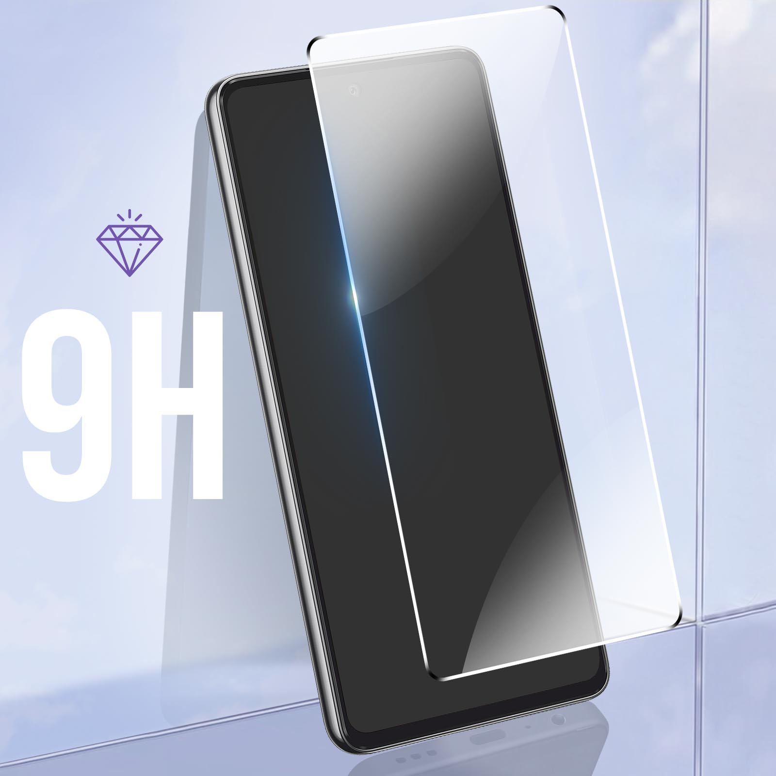 Un smartphone avec un protecteur d'écran appliqué. Le texte indique une dureté de 9H.