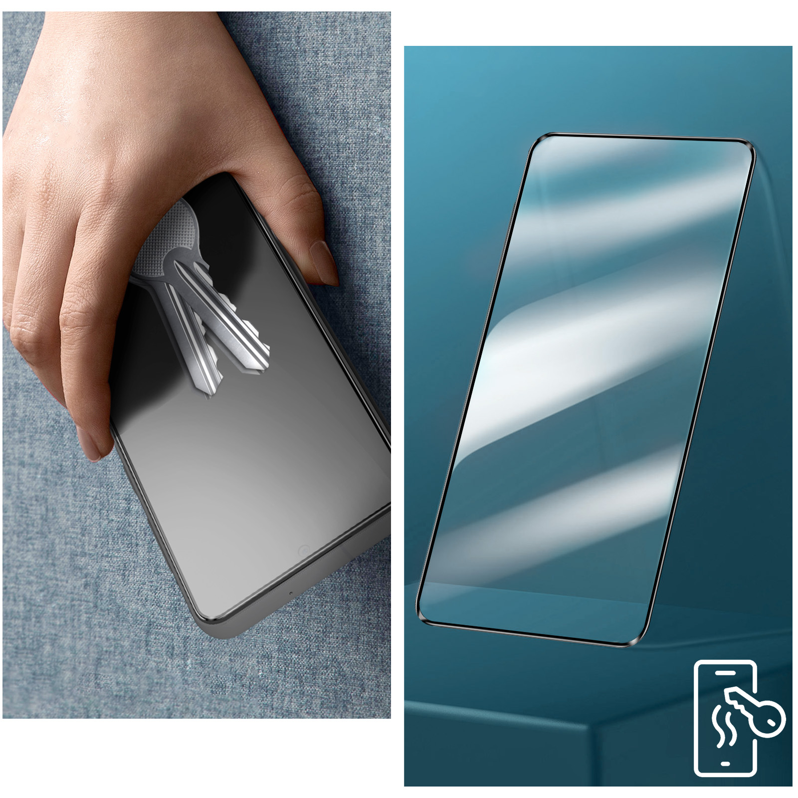 Une main tient un téléphone avec des clés sur l'écran, à côté d'un écran de téléphone avec un protecteur.