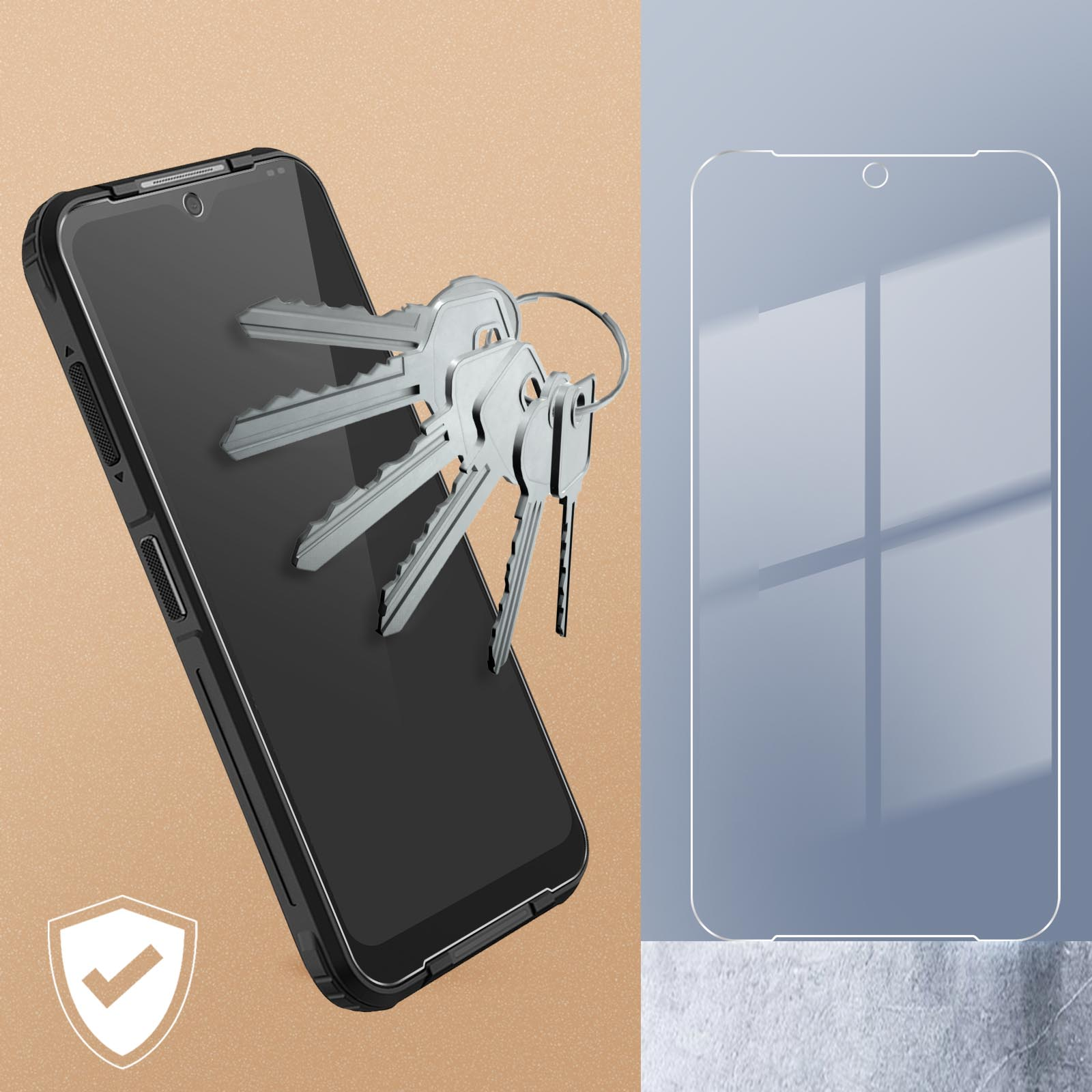 Llaves en la pantalla de un teléfono. Un protector de pantalla está a la derecha.