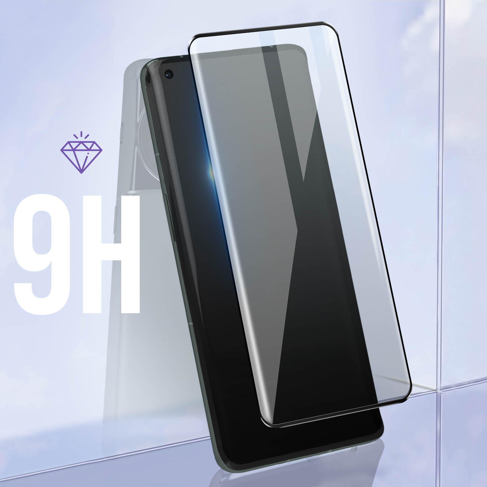 Un smartphone noir avec un protecteur d'écran superposé, avec le texte "9H" et un logo diamant.