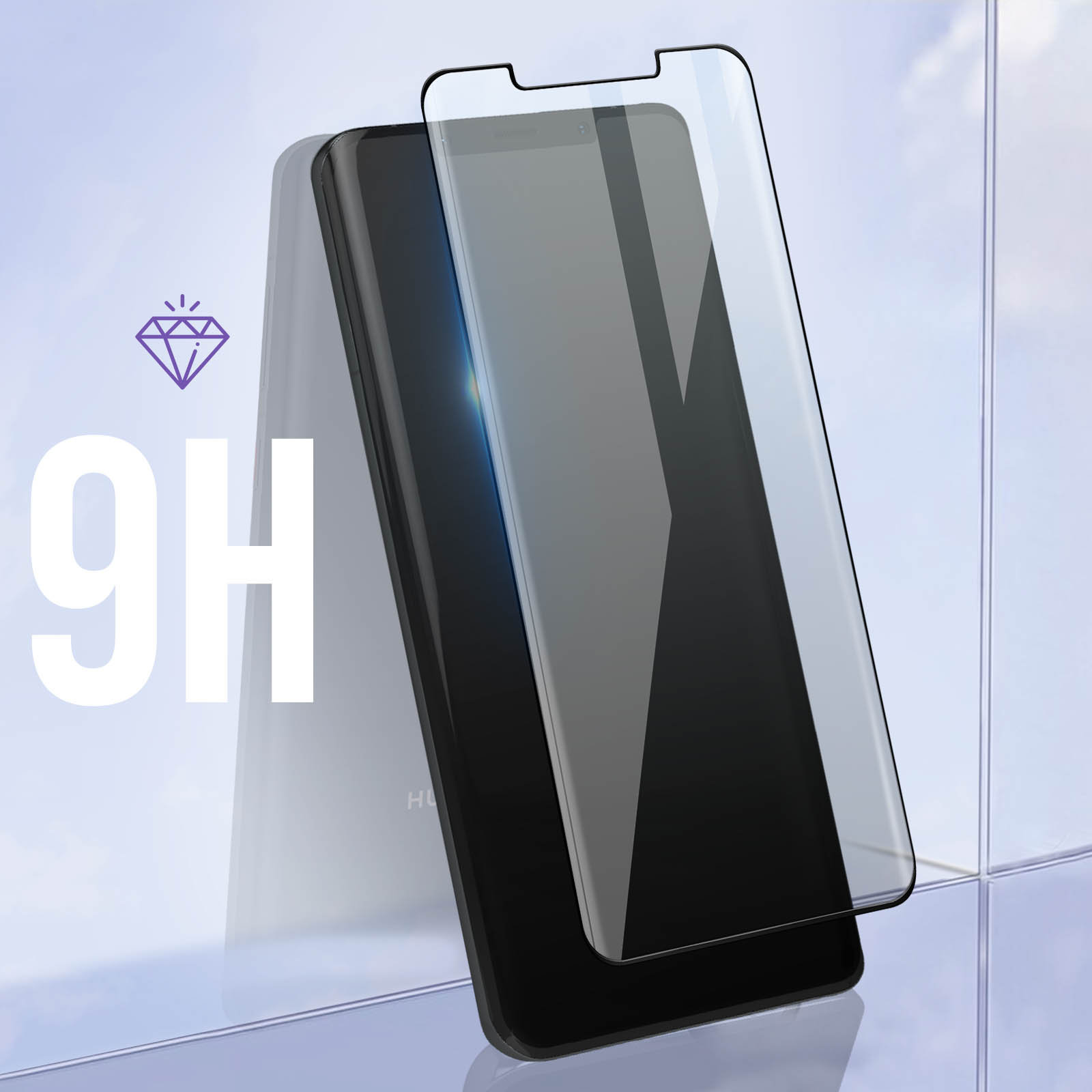 Uno smartphone con una protezione per lo schermo viene mostrato, il telefono è nero e la protezione è trasparente.