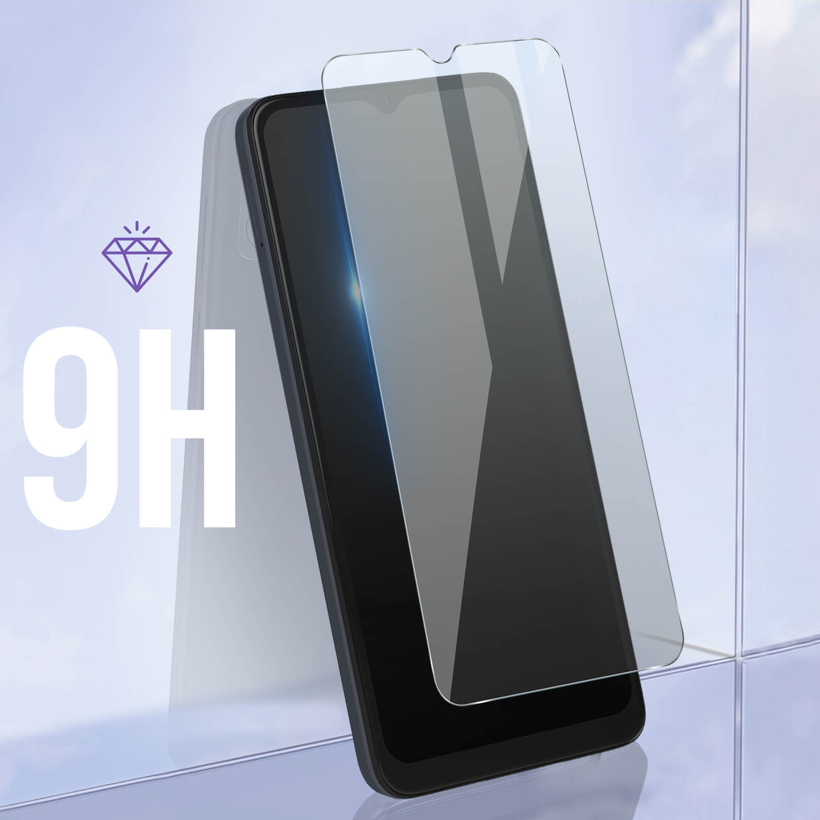 Telefono nero con protezione schermo. Icona diamante. Protezione in vetro applicata.
