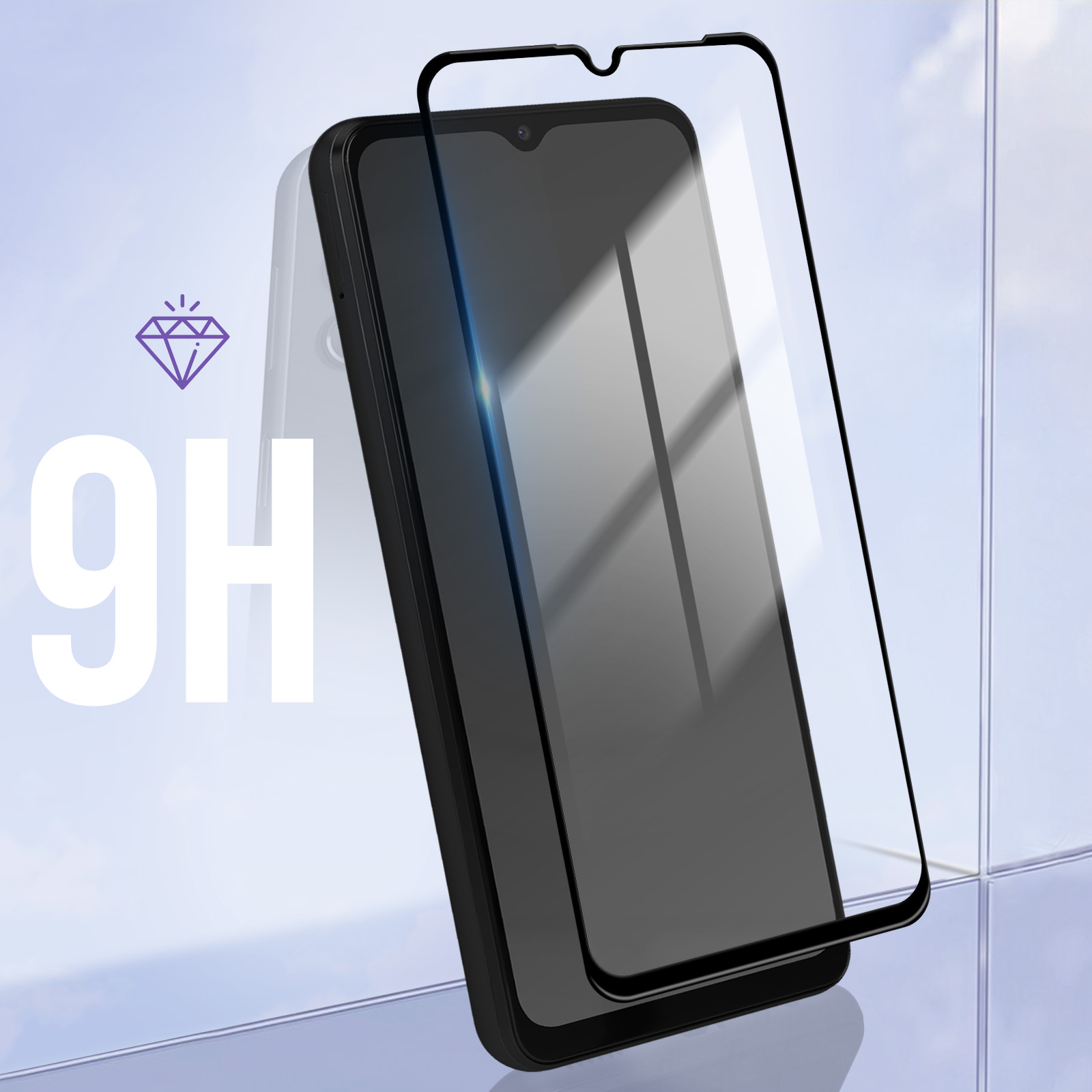 Téléphone avec protecteur d'écran, avec symbole diamant et 9H, sur fond bleu.