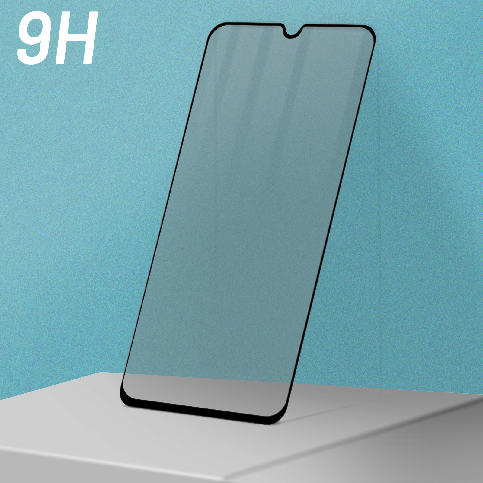 Un protecteur d'écran de téléphone avec un bord noir, sur une surface bleu clair, avec texte 9H.