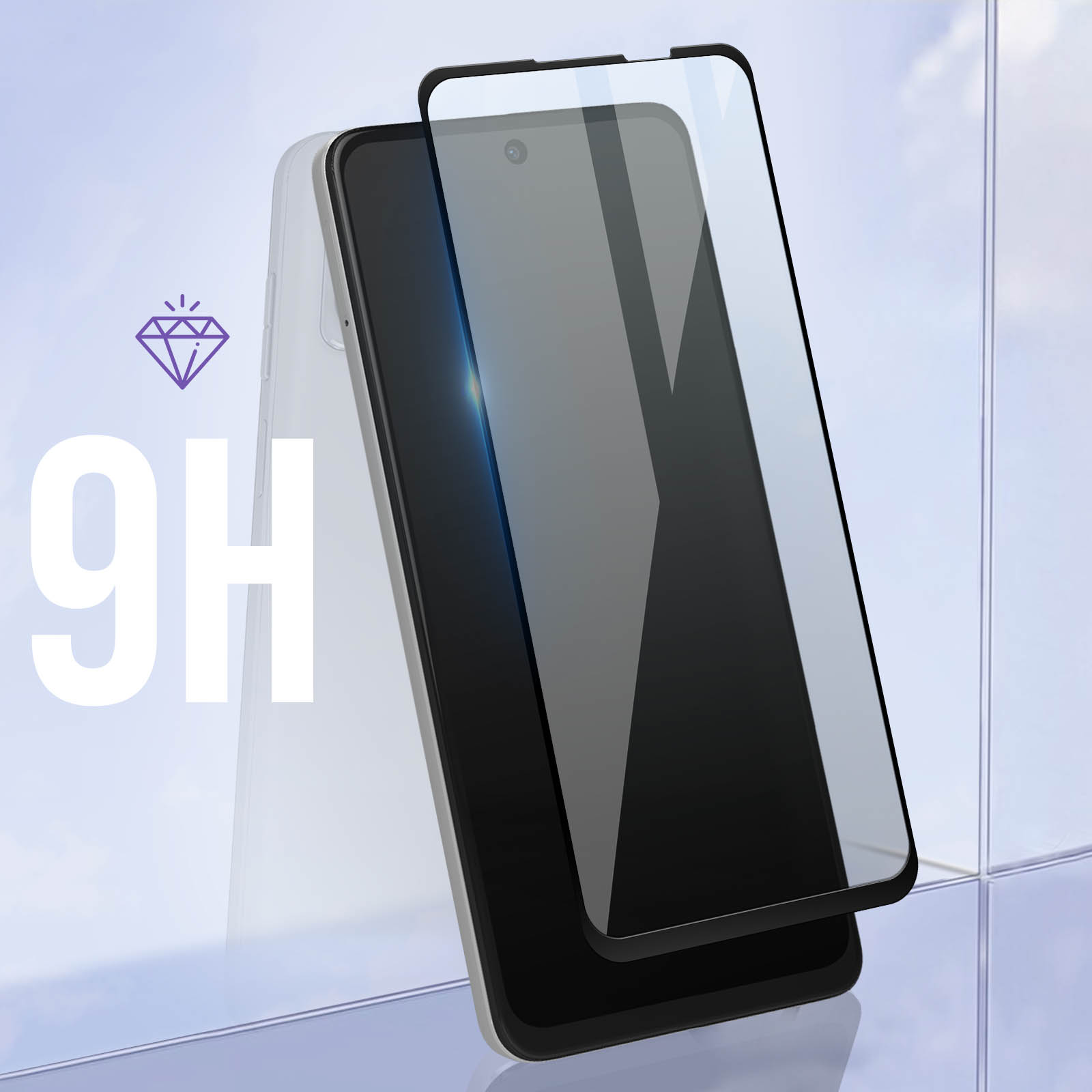 Un telefono con protezione dello schermo, 9H scritto con un simbolo di diamante.