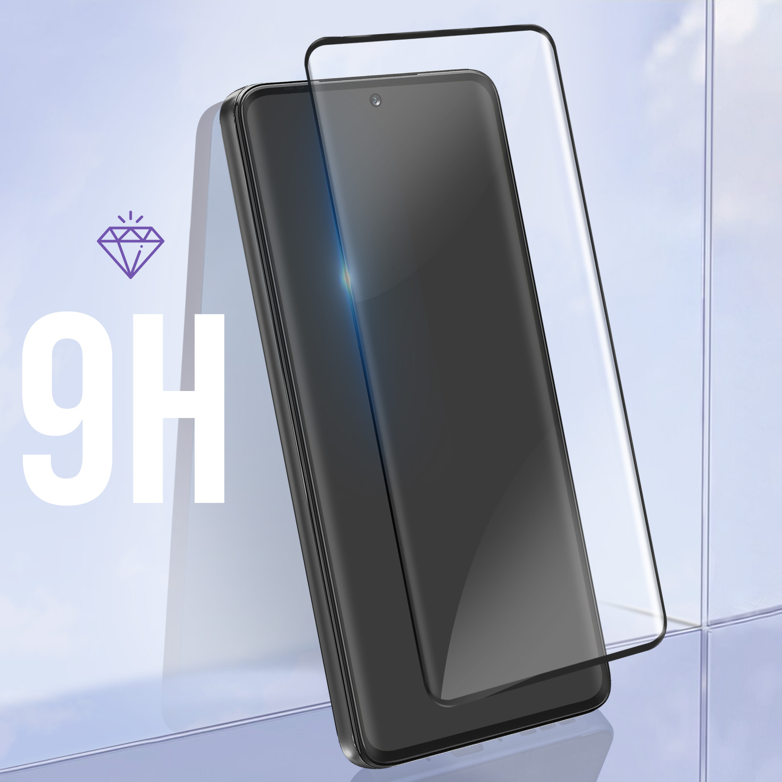 Uno smartphone con un proteggi schermo. Il testo indica durezza 9H.