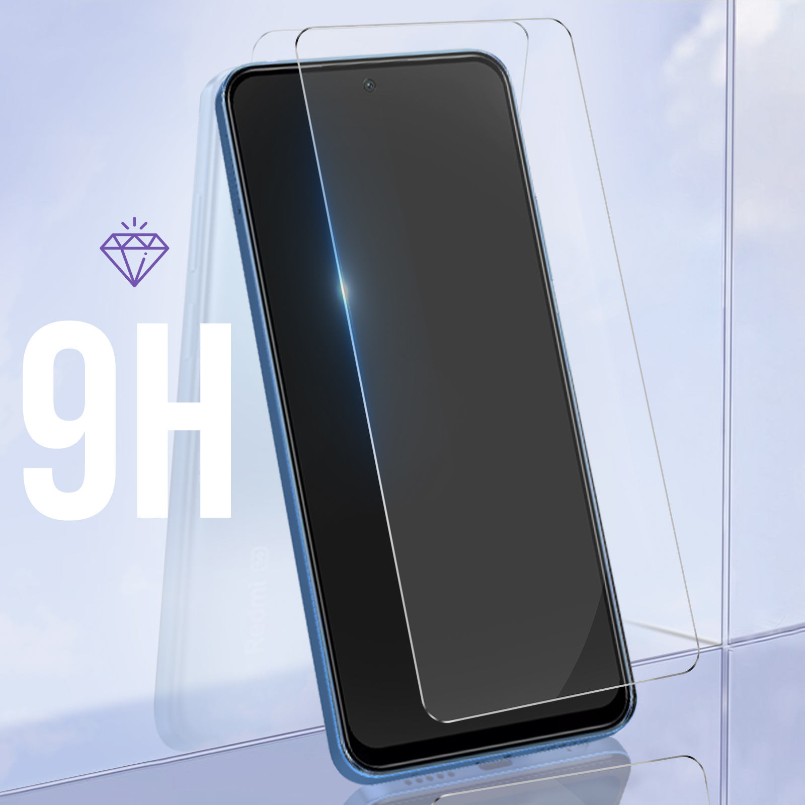 Un téléphone bleu avec un protecteur d'écran et le symbole 9H.